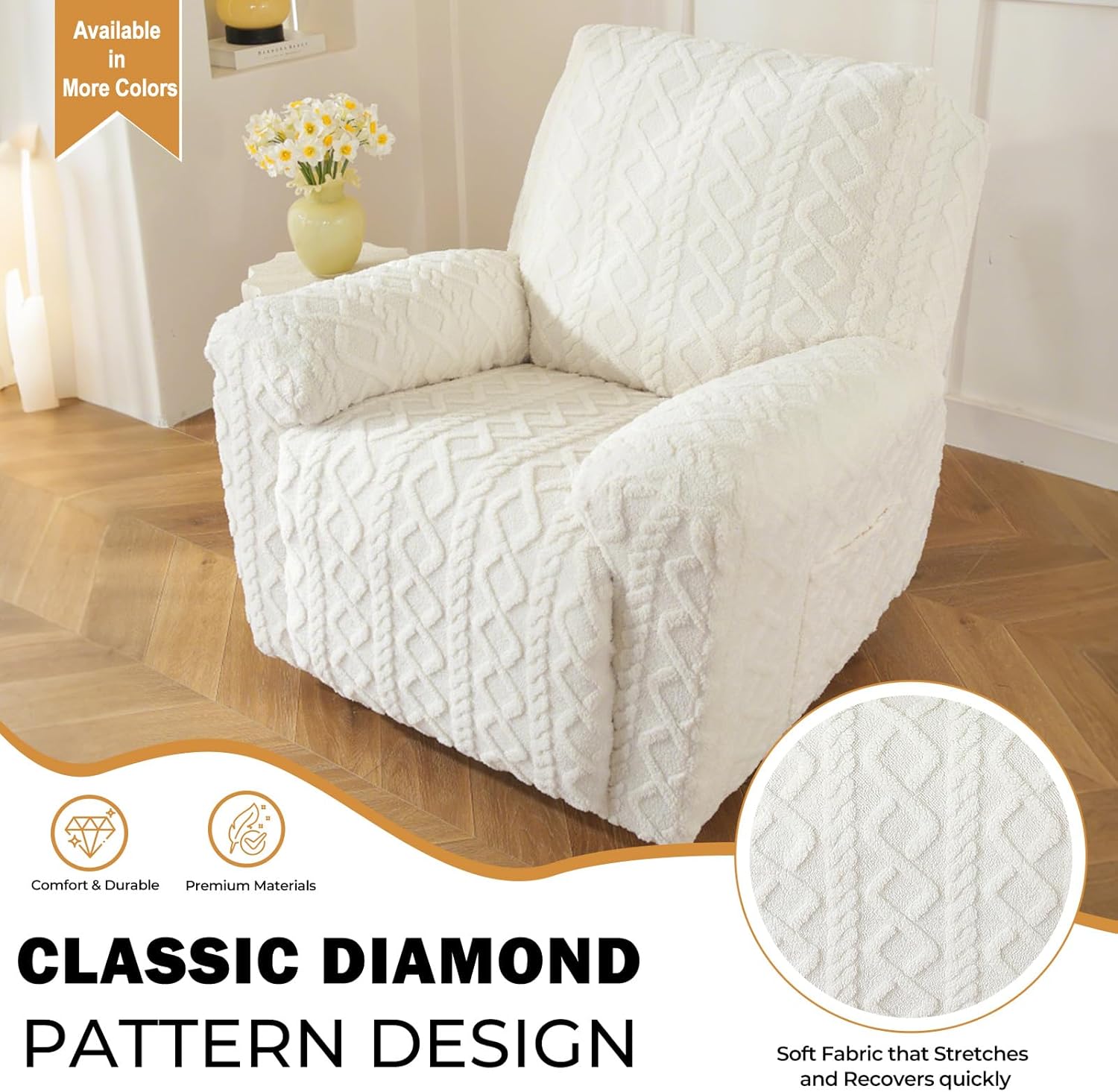 vctops 4 Pieces Recliner Chair Covers, Geometric Jacquard Plush Recliner Slipcovers Soft Fuzzy Sofa Couch Cover Anti-Slip Furniture Protector with Elastic Bottom for Kids Cats Dogs (Cream,1 Seat)