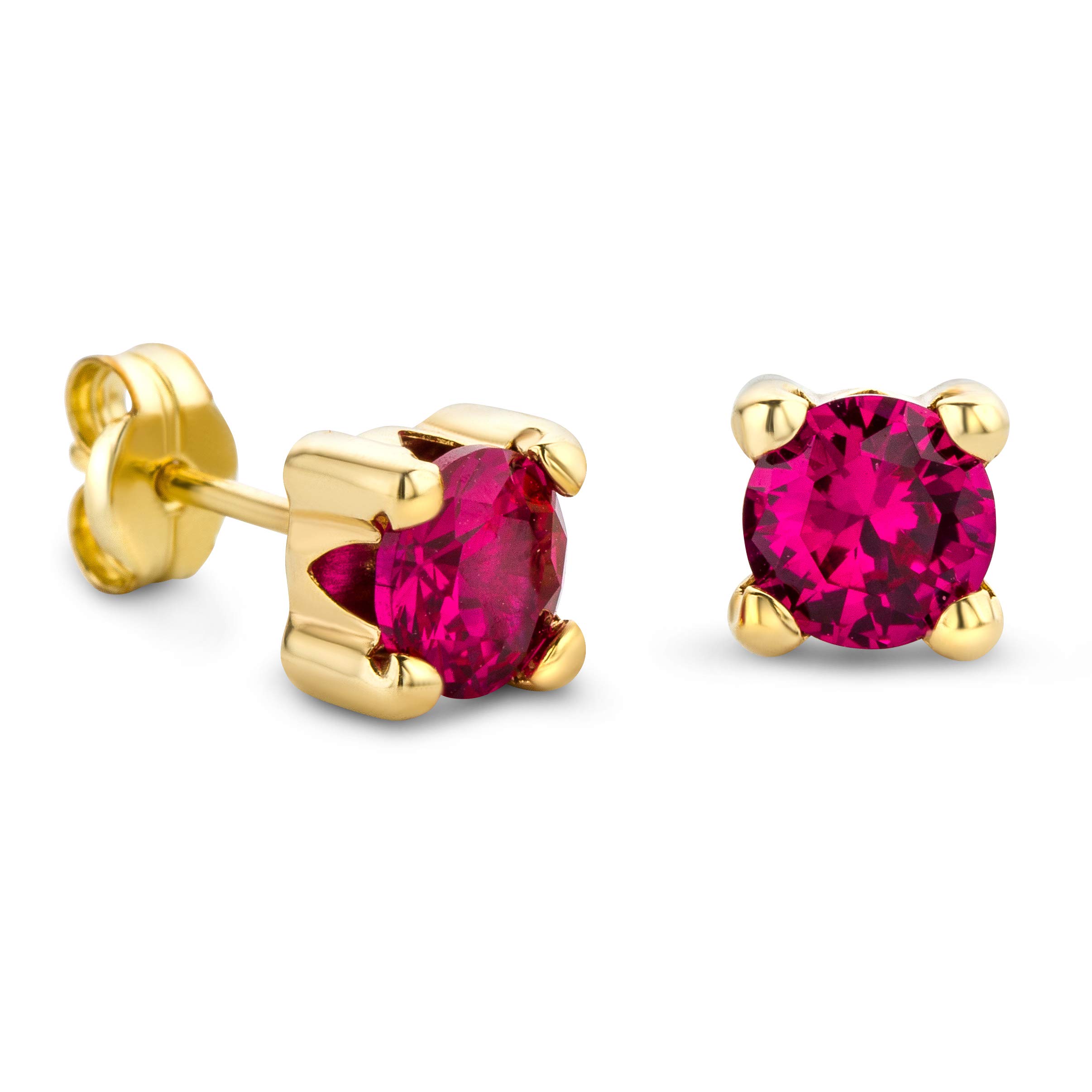 Orovi Pendientes de Oro Amarillo para Mujer con Rubíes, Oro Amarillo Auténtico 9KT 375, Hipoalergénicos Pendientes de Botón Cuadrado Pasador y Mariposa