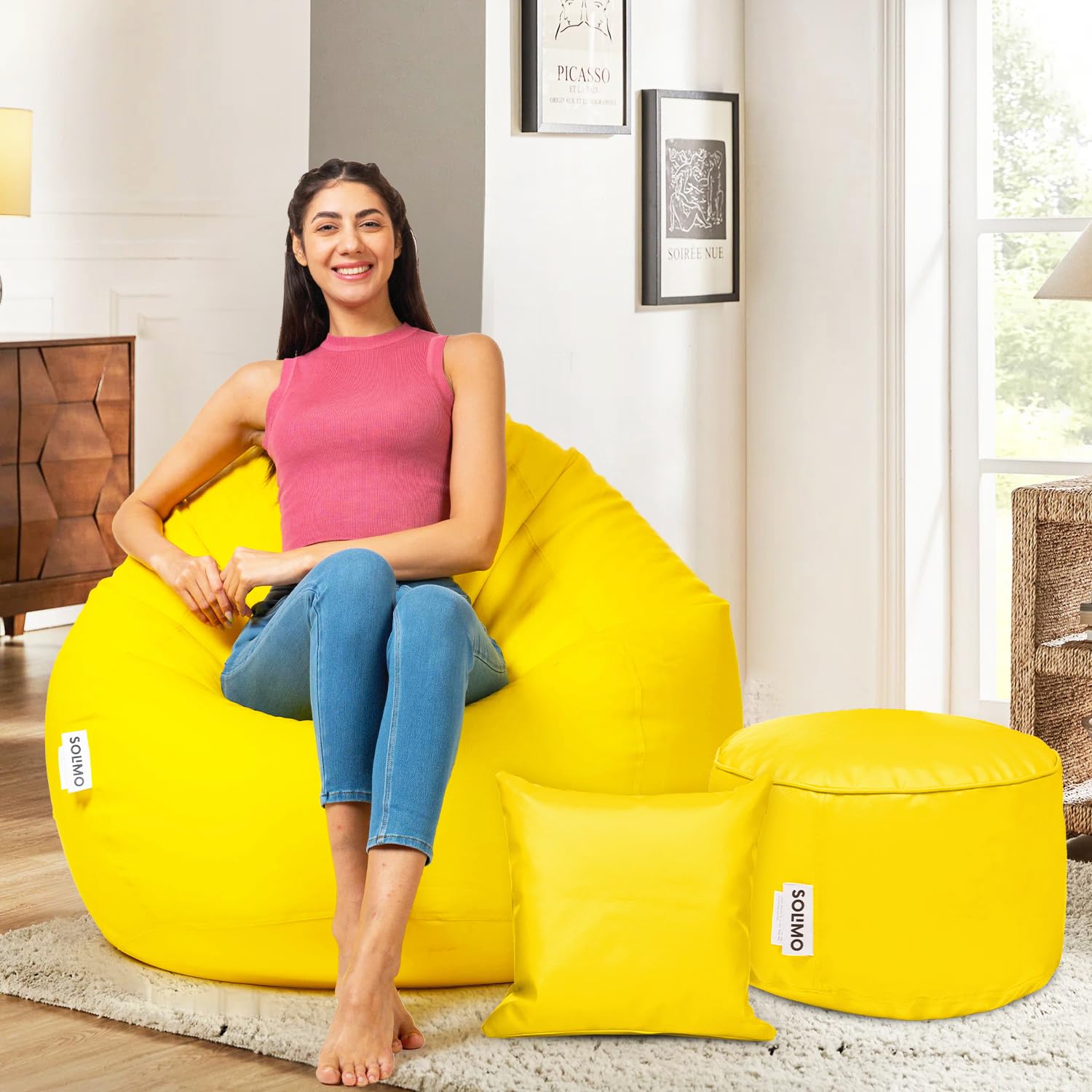 Amazon Brand - Solimo Premium Faux Leather Bean Bag Combo with Footrest & Cushion, Filled with Beans | Multifunctional Pocket| Capacity: Upto 6 Ft Height, 100 KG Weight | 2XL | Yellow-picture-40