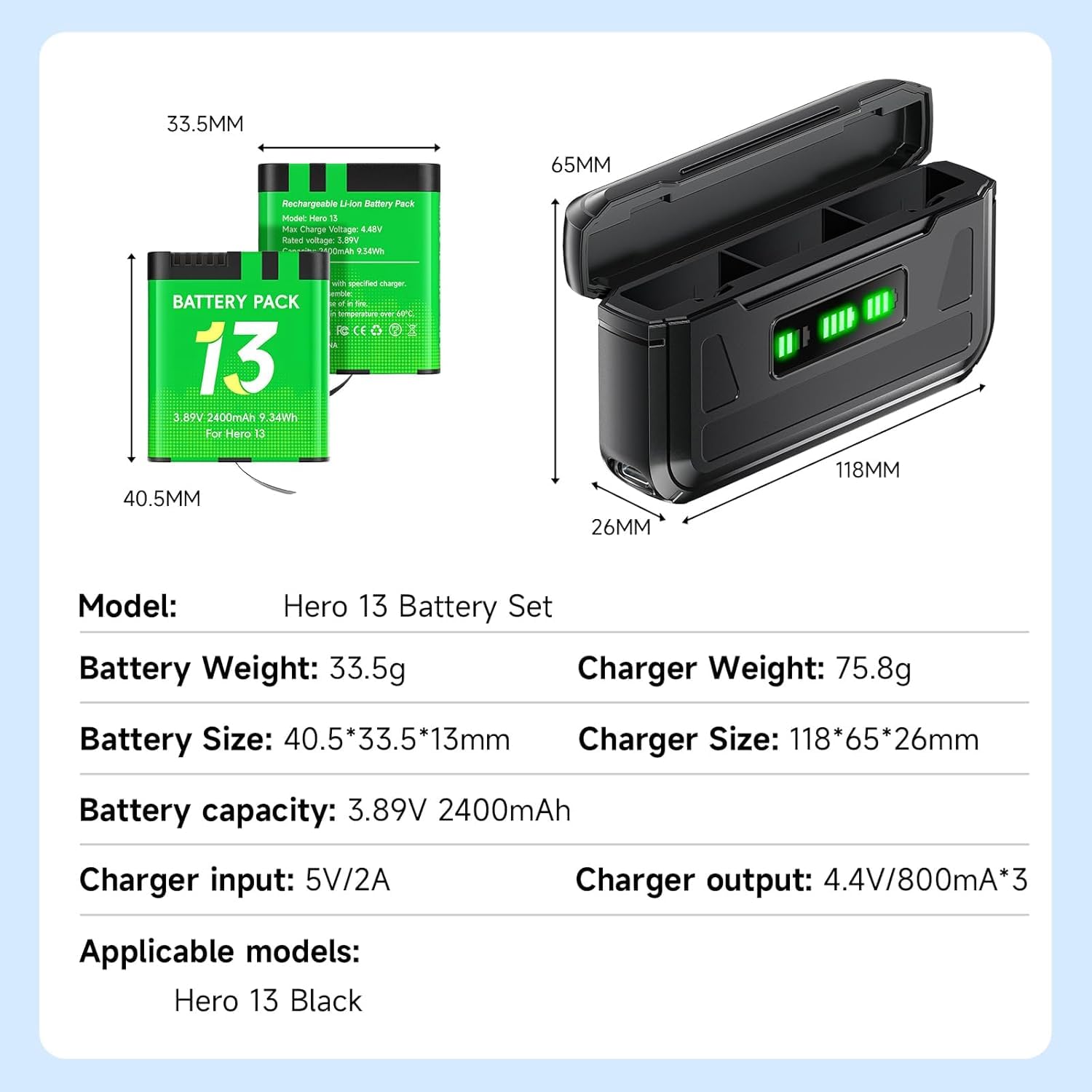Bateria Hero 13 2400mAh z ładowarką do Go pro Hero 13 Black - Ładownica do baterii z wyświetlaczem LCD, gniazdo do kart TF, odpowiednia do niskiej temperatury, ładowarka formatu kieszeniowego