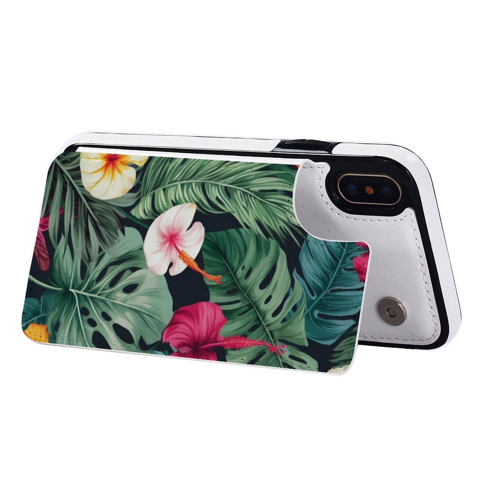 Etui portfelowe na iPhone'a X/XS, Hojas Tropicales Y Flores nadruki skórzane etui na telefon z klapką z przegródkami na karty