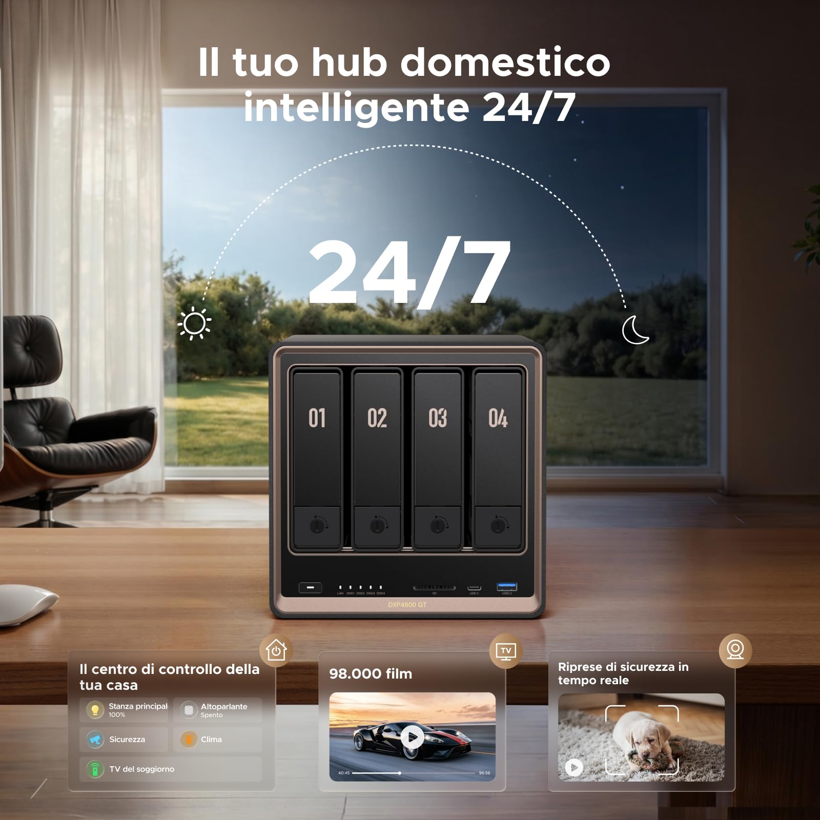 UGREEN NASync DXP4800GT NAS Desktop 4-Bay, AMD Ryzen R2514, Dual 10GbE, 8GB RAM DDR4 (fino a 64GB), supporto ECC, slot U.2 e M.2, per creator, team e casa (Diskless)