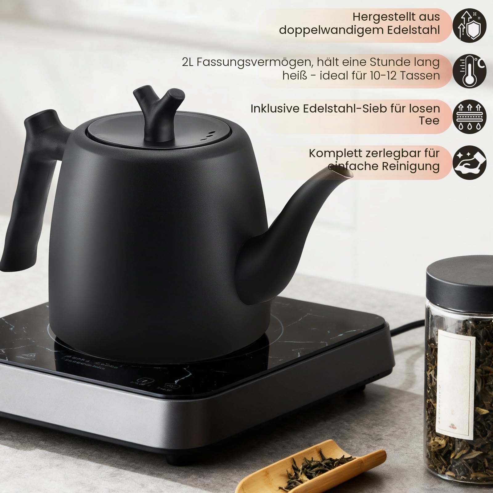 Teekanne Schwarz, 2L Große Tee Kanne mit Teesieb,Teapot Thermo 10-12 Tassen Doppelwandig Tea Maker aus Edelstahl für Losen Tee Ingwer & Kräutermischungen