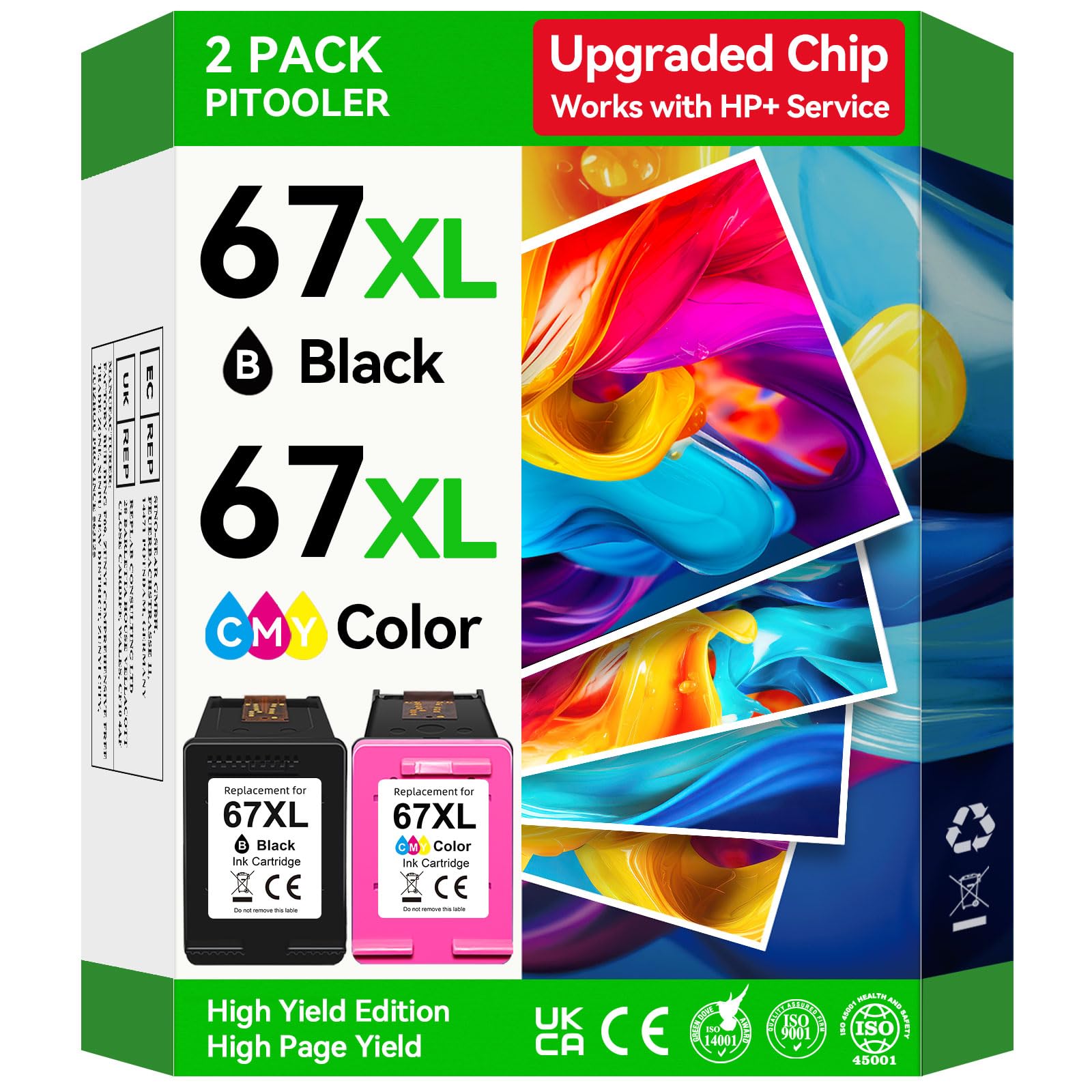 Upgraded Chip 67XL Ink Cartridges Compatible for HP 67 Ink Cartridges Black/Color Combo Pack Work with DeskJet 2855e 2827e 2800e 4255e 2755e 2700 4155e 4227e 2700e 2734e 2852e Envy 6055e 6000 Printer