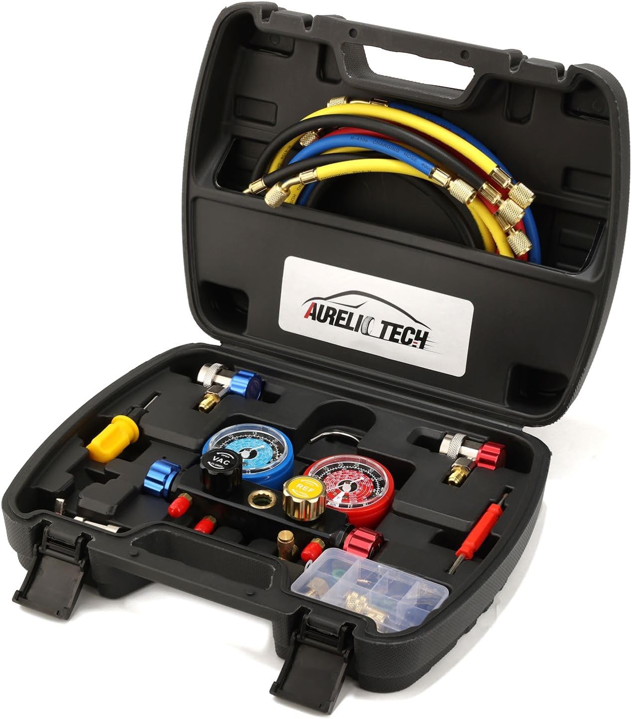 2020 Upgraded Version 4-Way A/C Manifold Gauge Set R134A R410A R404A R22 Refrigerant with 5 Feet Hose 3 Acme Tank Adapters Adjustable Coupler Can Tap