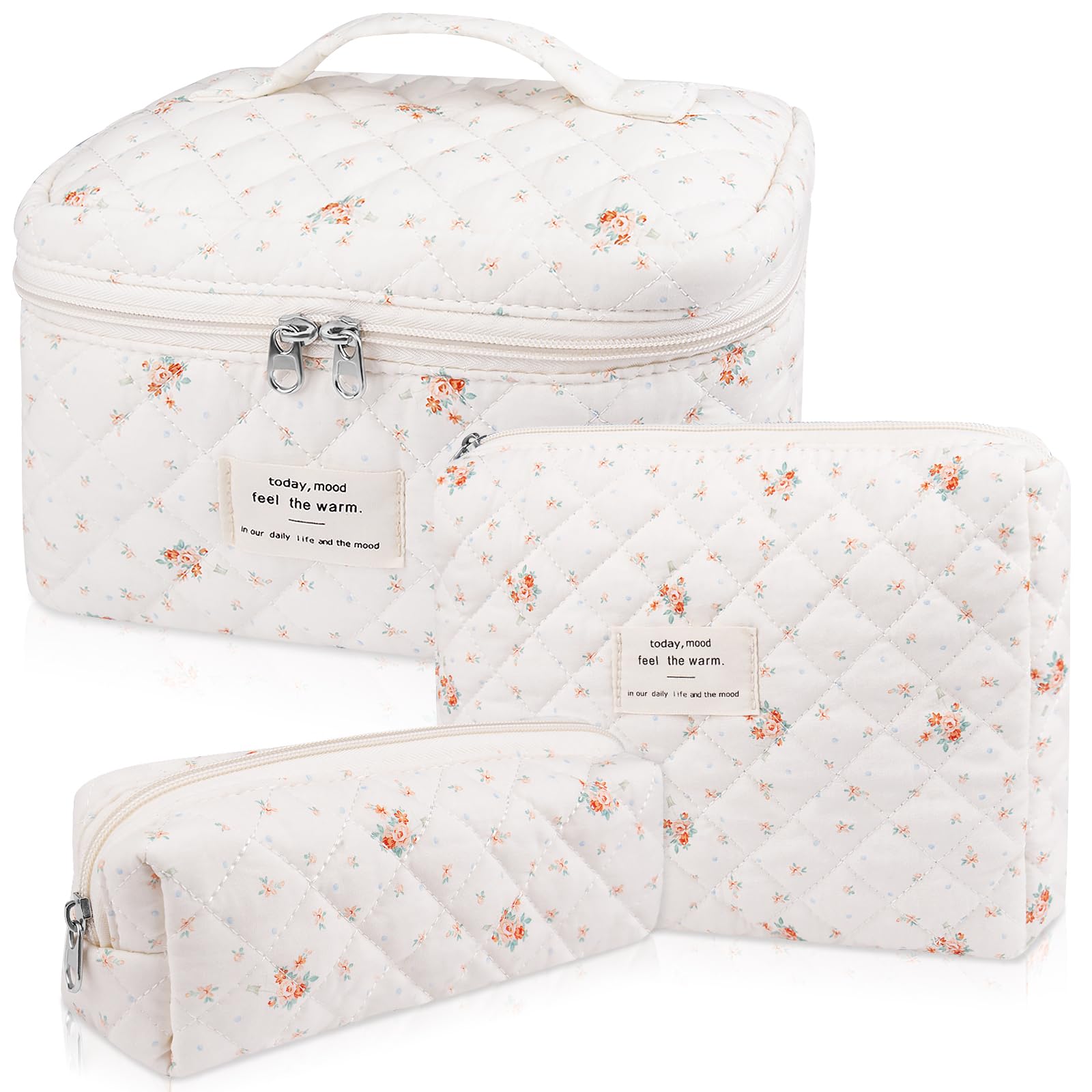 Makeup Bag Set, Quilted Makeup Bag, Large Floral Cosmetic Bag for Women, Cute Cotton Makeup Bags, Flower Travel Toiletry Organizer Bag (Rose Plaid