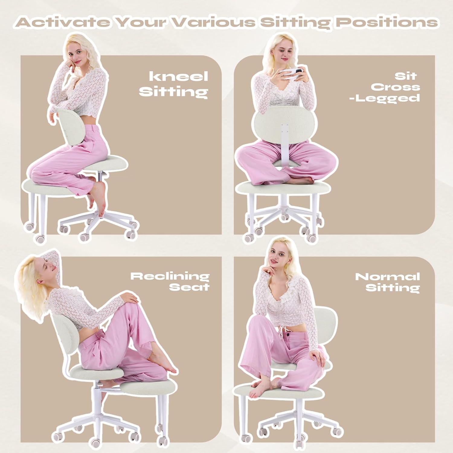 Demonstration of various sitting positions on the Pinmoco Cross-Legged Office Chair.