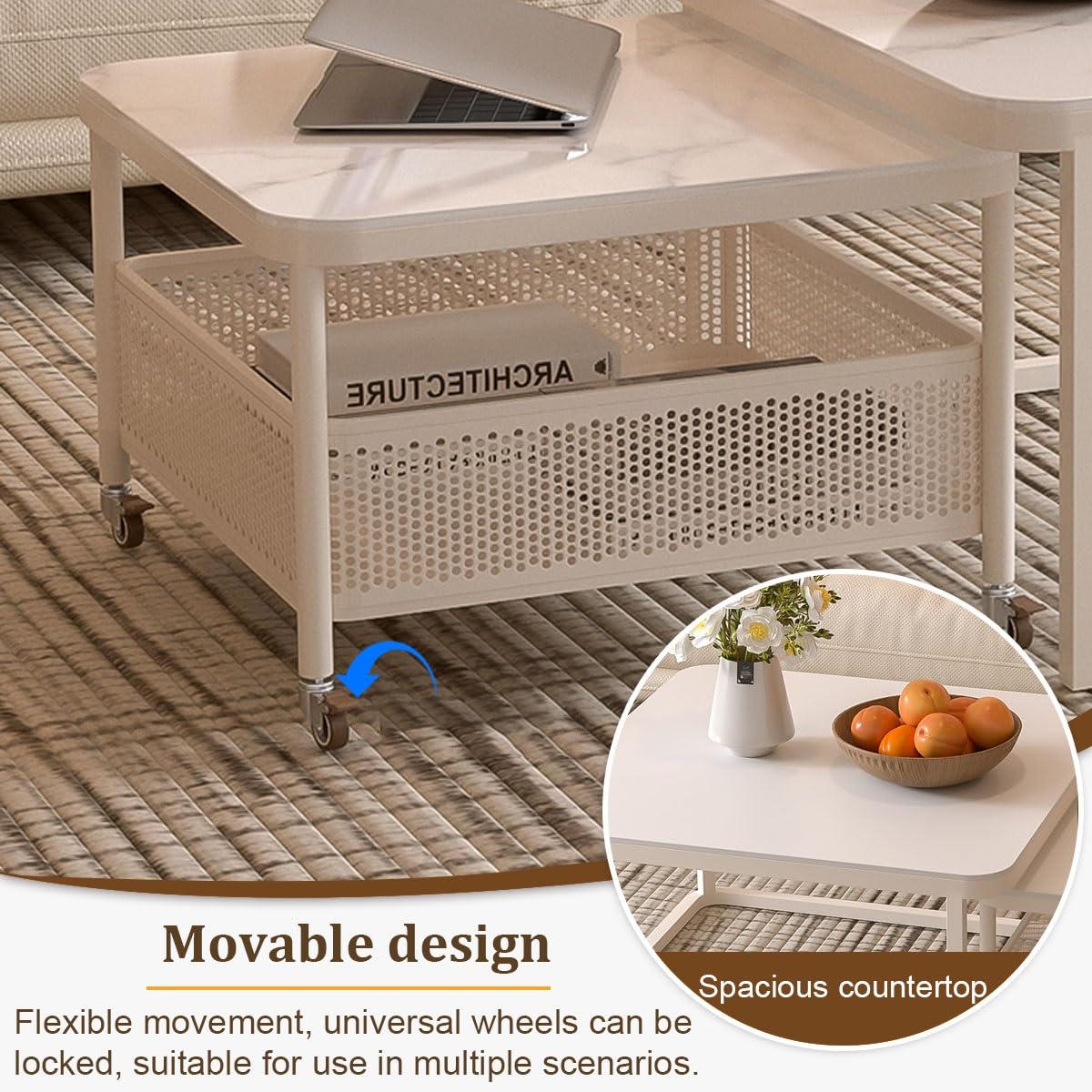 Set di 2 tavolini da caffè con contenitore, design a incastro, piano in pietra e struttura in acciaio, tavolini moderni per soggiorno, camera da letto, ufficio