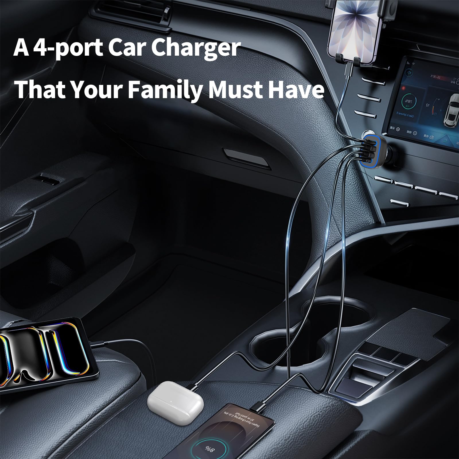 Cargador de coche USB C súper rápido de 72 W y 4 puertos para iPhone 16 Pro Max/Plus/15, Samsung Galaxy S25 Ultra/S24/S23 fe/A55, Pixel 9, cargador USB multipuerto para viajes familiares con 2