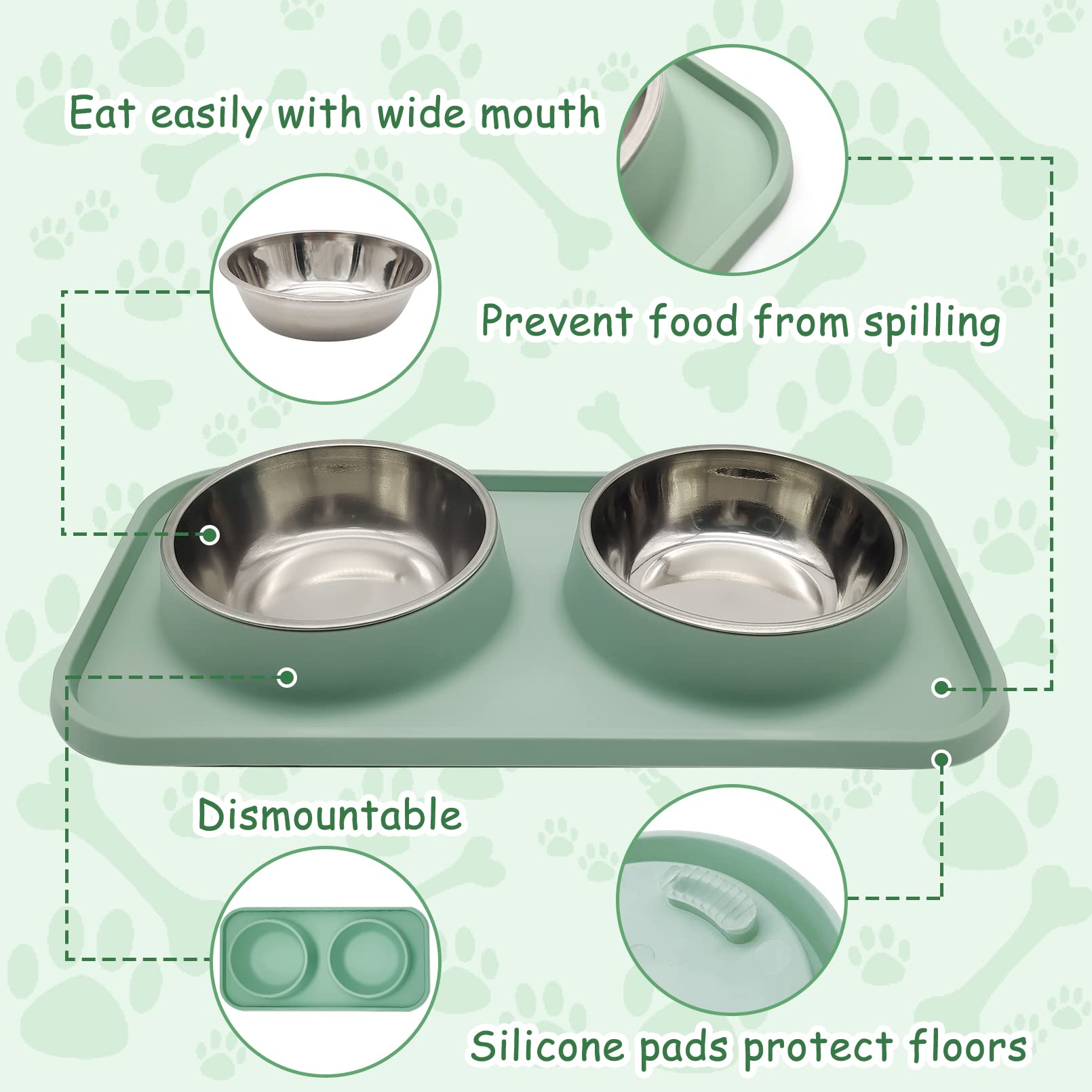 BNOSDM Cuencos dobles de acero inoxidable para comida y agua para perros con alfombrilla de plástico antiderrames, juego de cuencos para cachorros, gatos, gatitos, perros pequeños y medianos, color