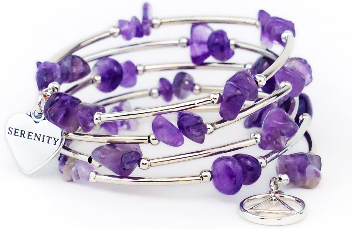 The Token Shop Amethyst AA Bracelet with Alcoholics Anonymous Circle Triangle Symbol and Serenity Heart Charm | Sobriety Gift for Women