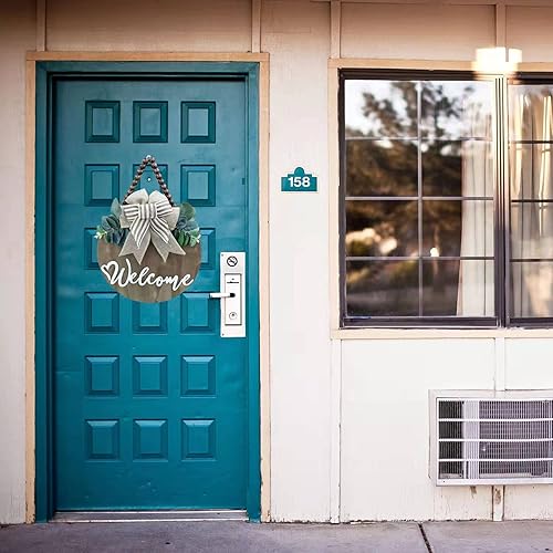 Vista 13 de Letrero de bienvenida 3D intercambiable para puerta delantera, decoración de porche de casa y granja, letrero colgante de madera con hojas Marrón