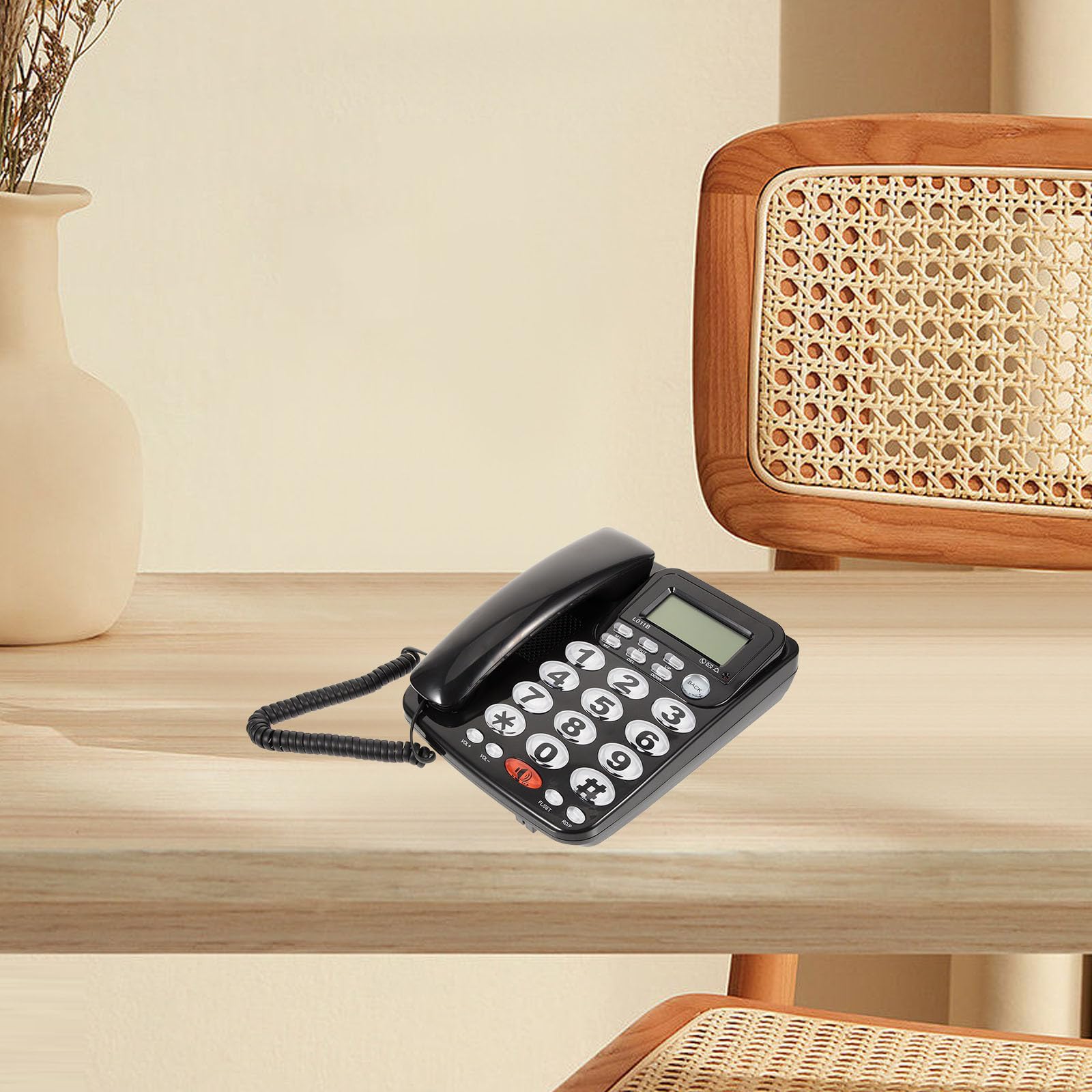 Teléfono Fijo de Sobremesa Vintage Negro Pvc, Gran Pantalla y Fácil Uso