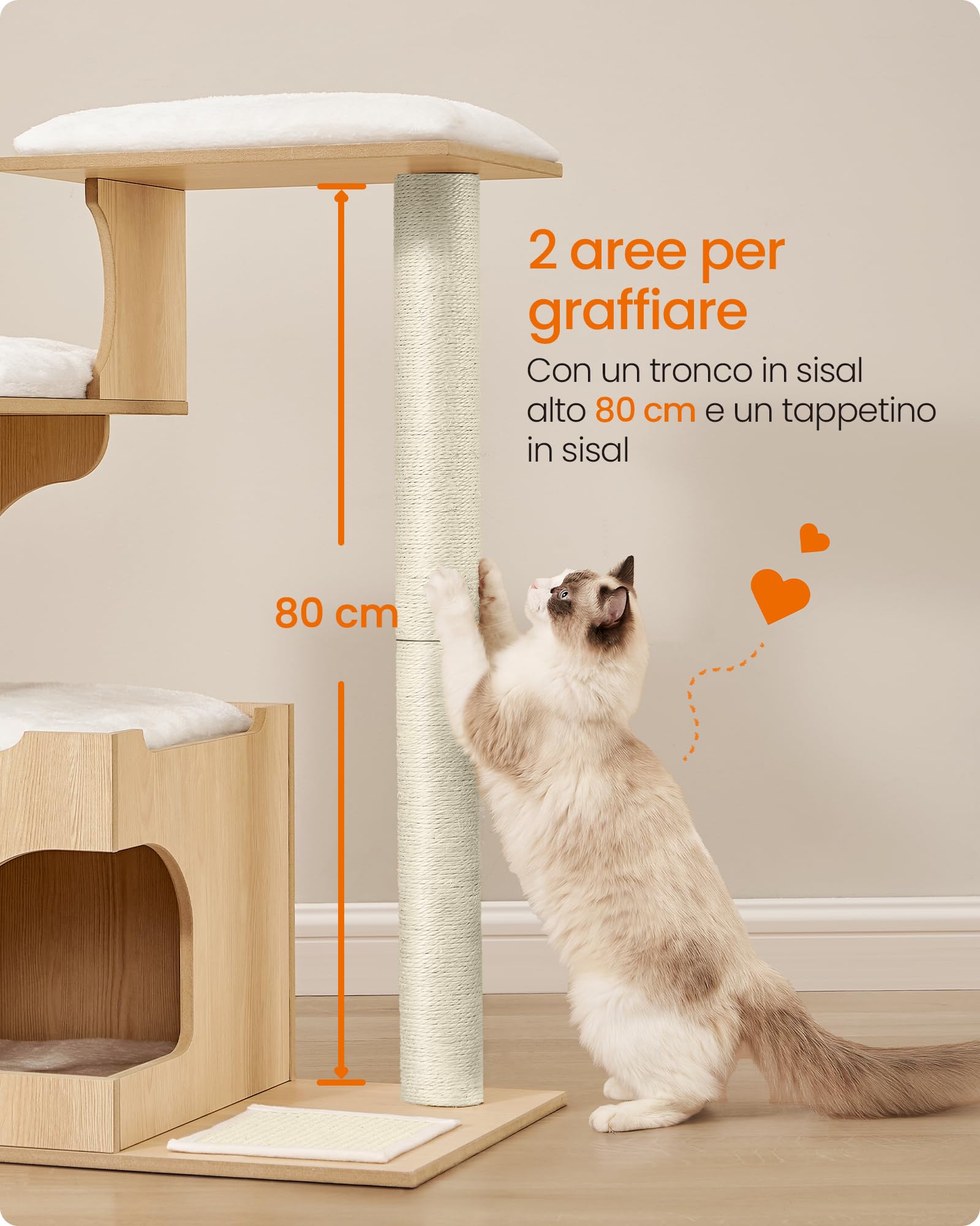 Feandrea Tiragraffi, Albero per Gatti di Truciolato Alto 86 cm, con Grotta, Posatoi, Colonna e Tappeto Graffiatoio in Sisal, Lavabili Tappeti in Pelliccia Sintetica, Giallo Mandorla PCT070Y101