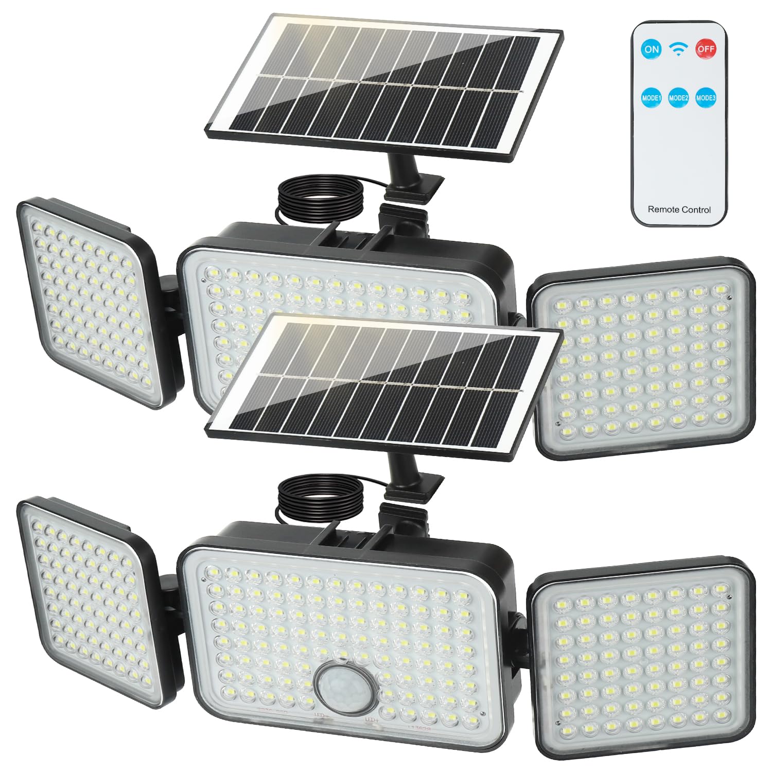 Luci solari da giardino per esterni, confezione da 2, 2000 lm, luce di sicurezza solare con sensore di movimento, impermeabili, grandangolo a 270°, luci da parete con 3 teste, per patio