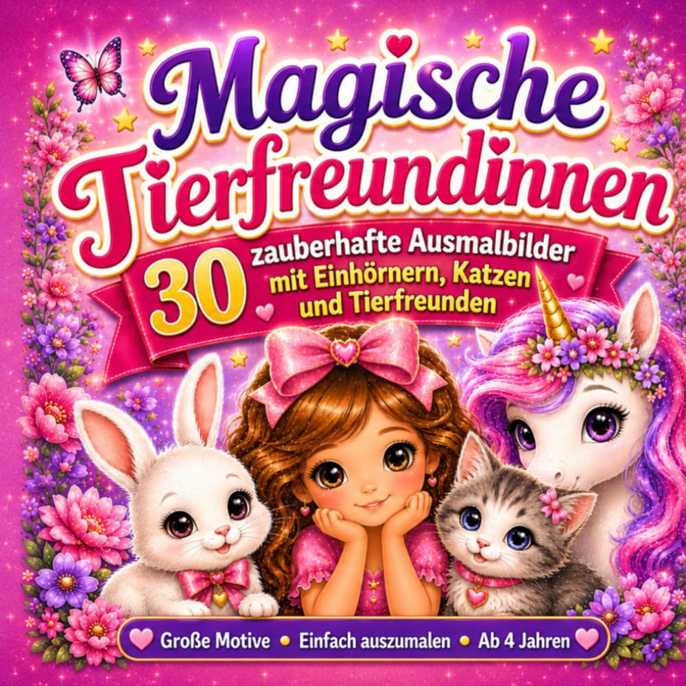 Magische Tierfreundinnen: Ausmalbuch für Mädchen ab 4 Jahren mit 30 zauberhaften Ausmalbildern von Einhörnern, Katzen, Hasen und niedlichen Tierfreunden