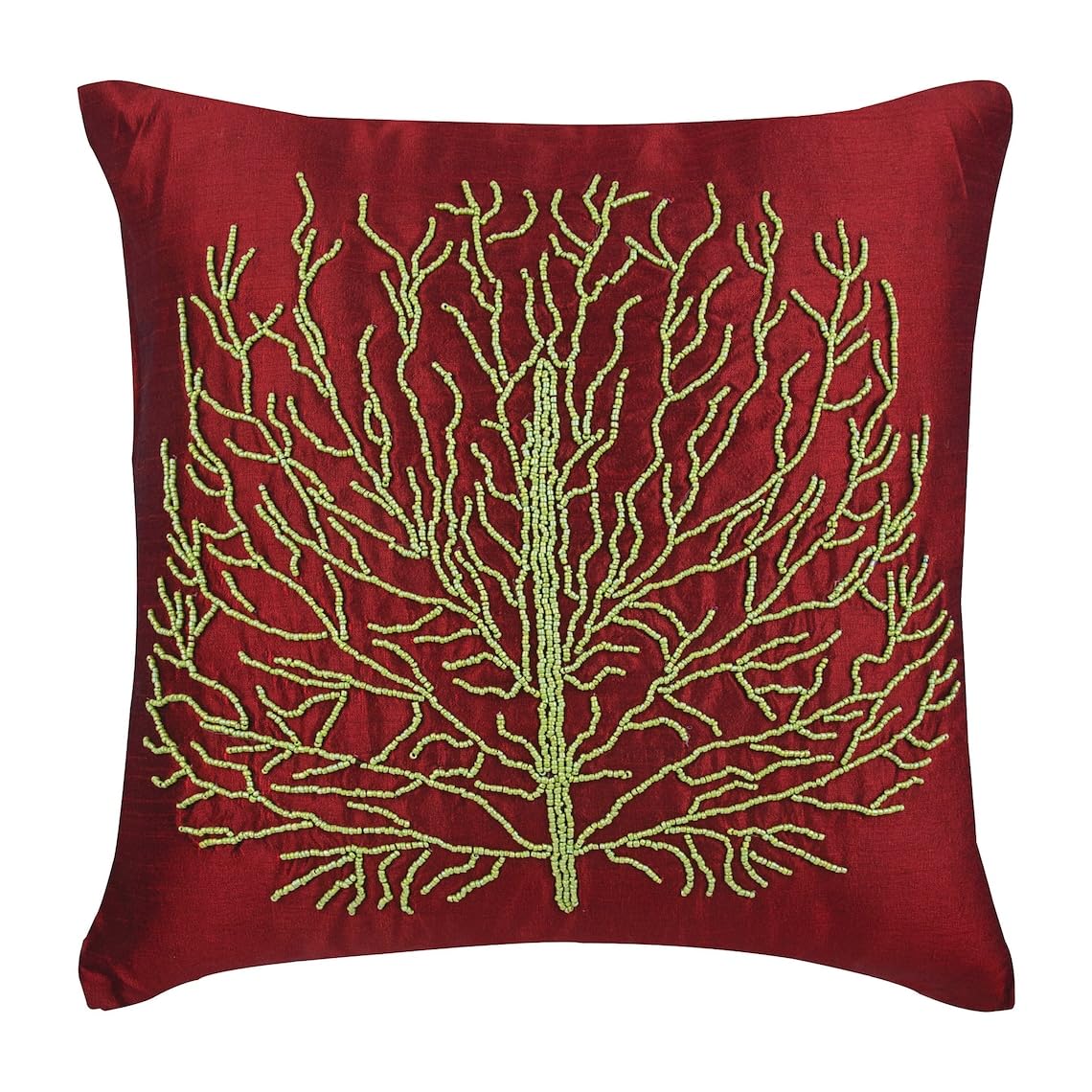 The HomeCentric Red Cushions Cover Beaded Green Tree Cushions Cover Pack of 2, 35x35 cm (14"x14") Cushions Cover Square Silk Cushion Covers, Floral Contemporary Cushion Cases, Modern - Tree Of Joy — image 1