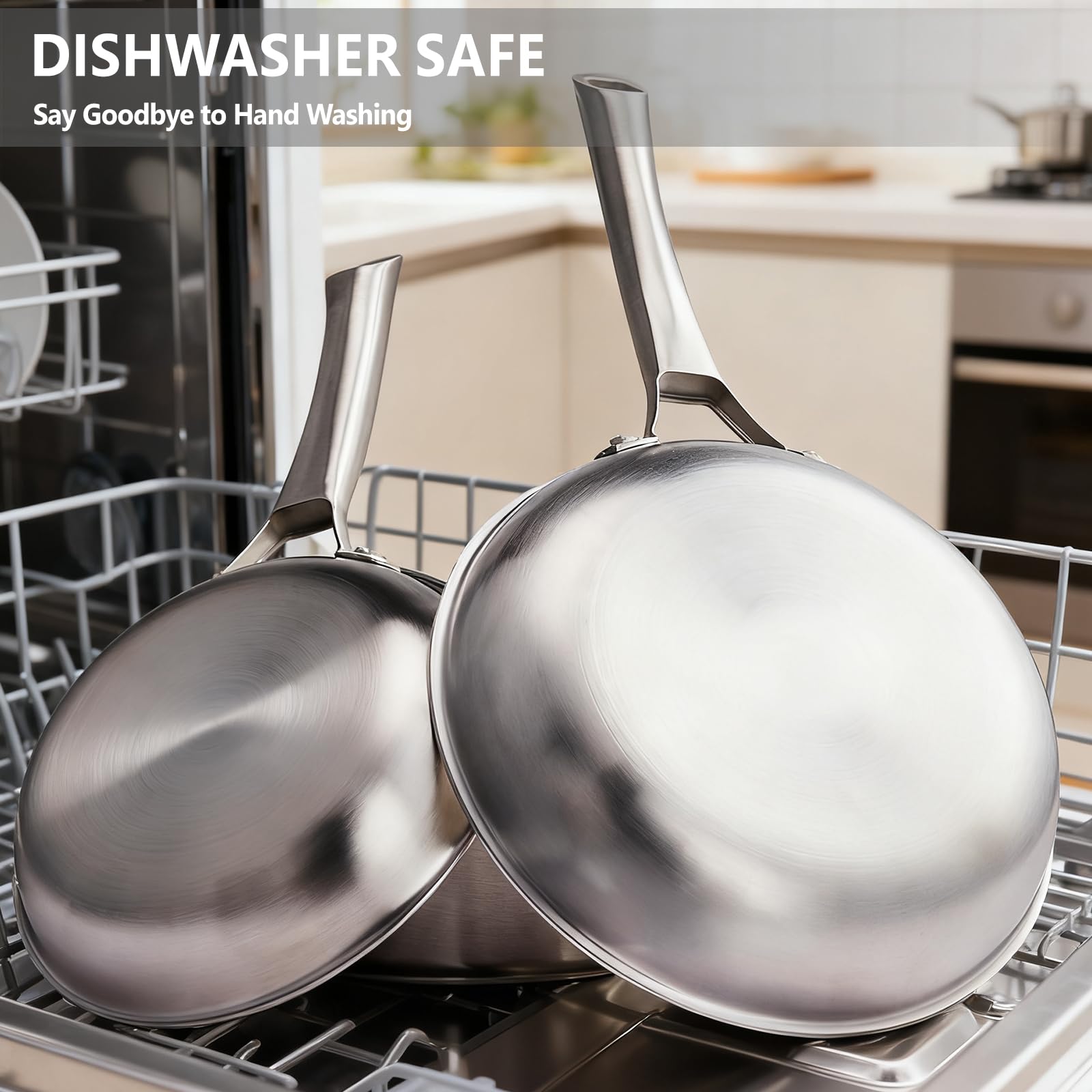 ROVSUN Set di Padelle in Acciaio Inox Triplo Strato, Pentole e Padelle Induzione Senza PFOA e PTFE, Stainless Steel Pan per Gas, Forno e Piastra a Induzione
