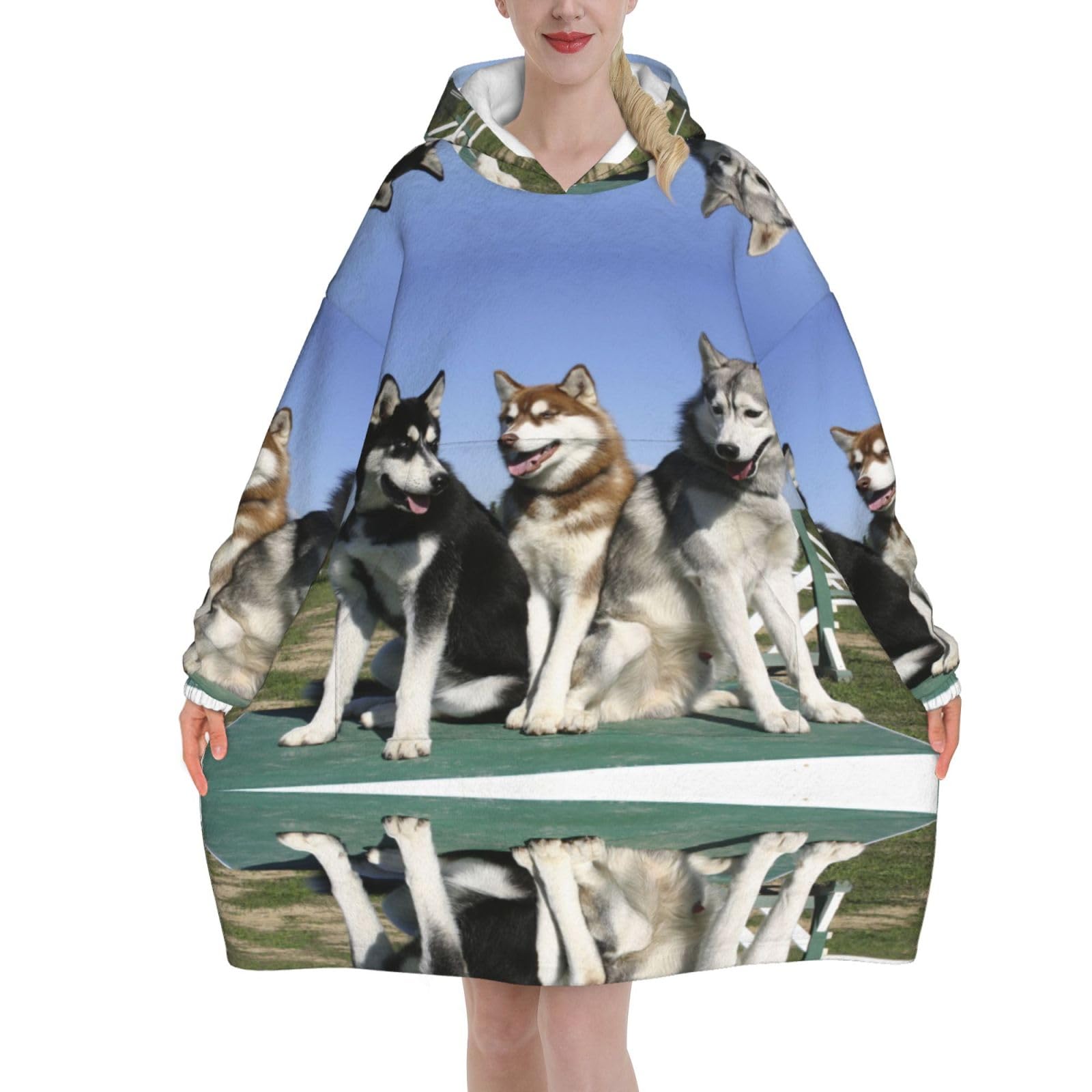 Poadnly Unisex As Picture Husky Huskie Dogs,Women's Oversized Wearable Blanket Hoodie, Blanket Sweatshirt,Flannel Pullover Blanket