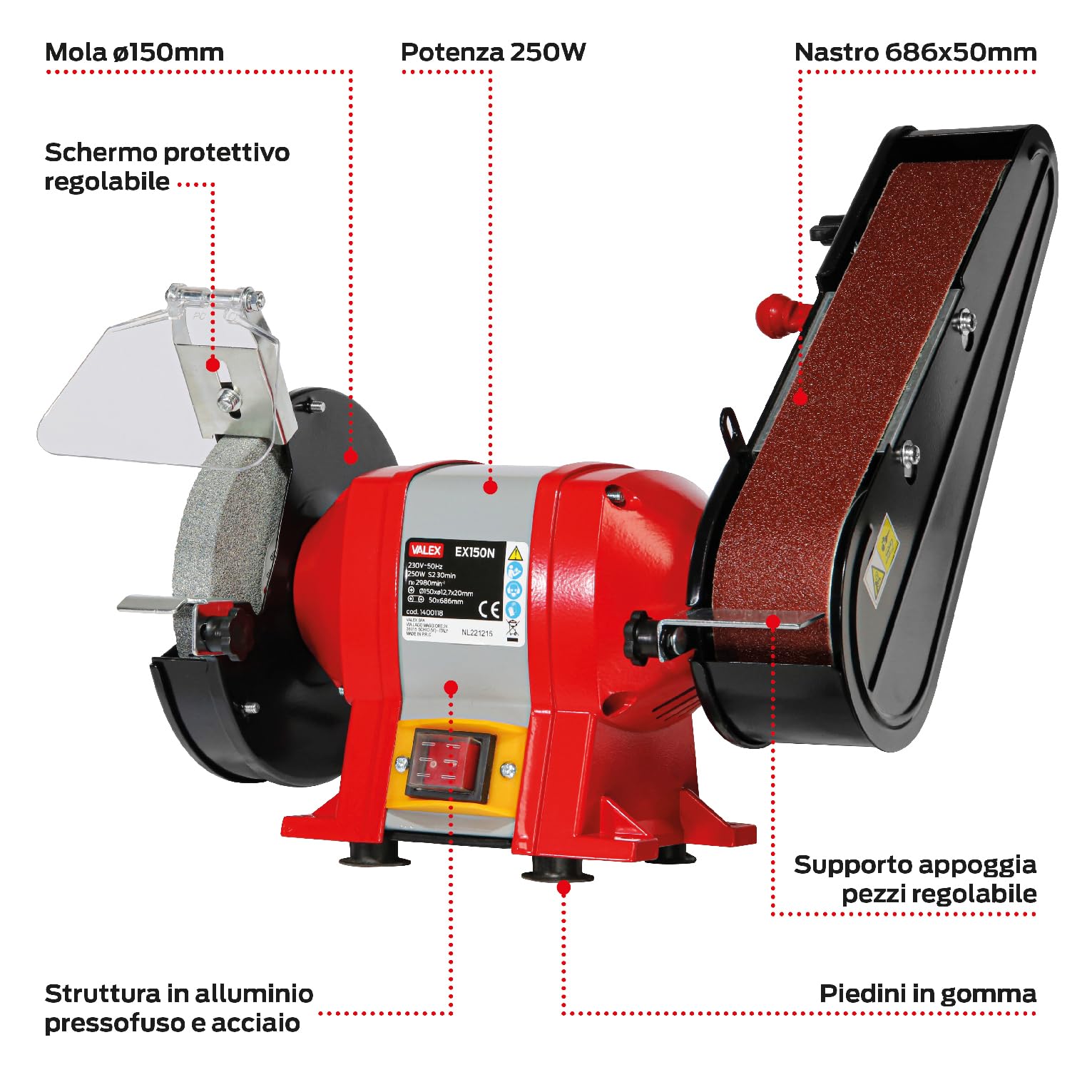 Valex EX150N Smerigliatrice da Banco Combinata, 250W, 350mm Larghezza, 290mm Lunghezza, 310mm Altezza