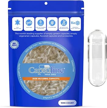 Capsuline Size 00 Separated Empty Gelatin Capsules, Clear - 1000 Count | Gluten Free, Kosher, Non-GMO Certified | Pure Bovine Pill Caps for DIY Supplement Filling