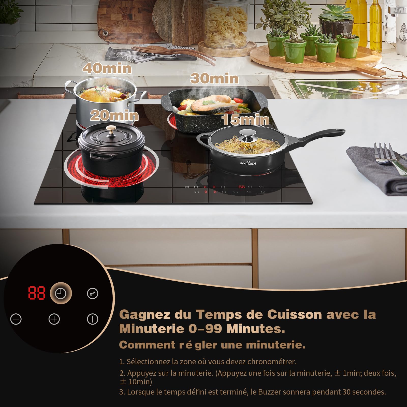 Plaque Vitrocéramique 4 Feux Encastrable 6700W, Jessier Plaque de Cuisson Electrique avec Double Zone de Barbecue Ovale, 9 Niveaux de Puissance, Fonction Pause, Minuterie, Fonction Anti-Touch