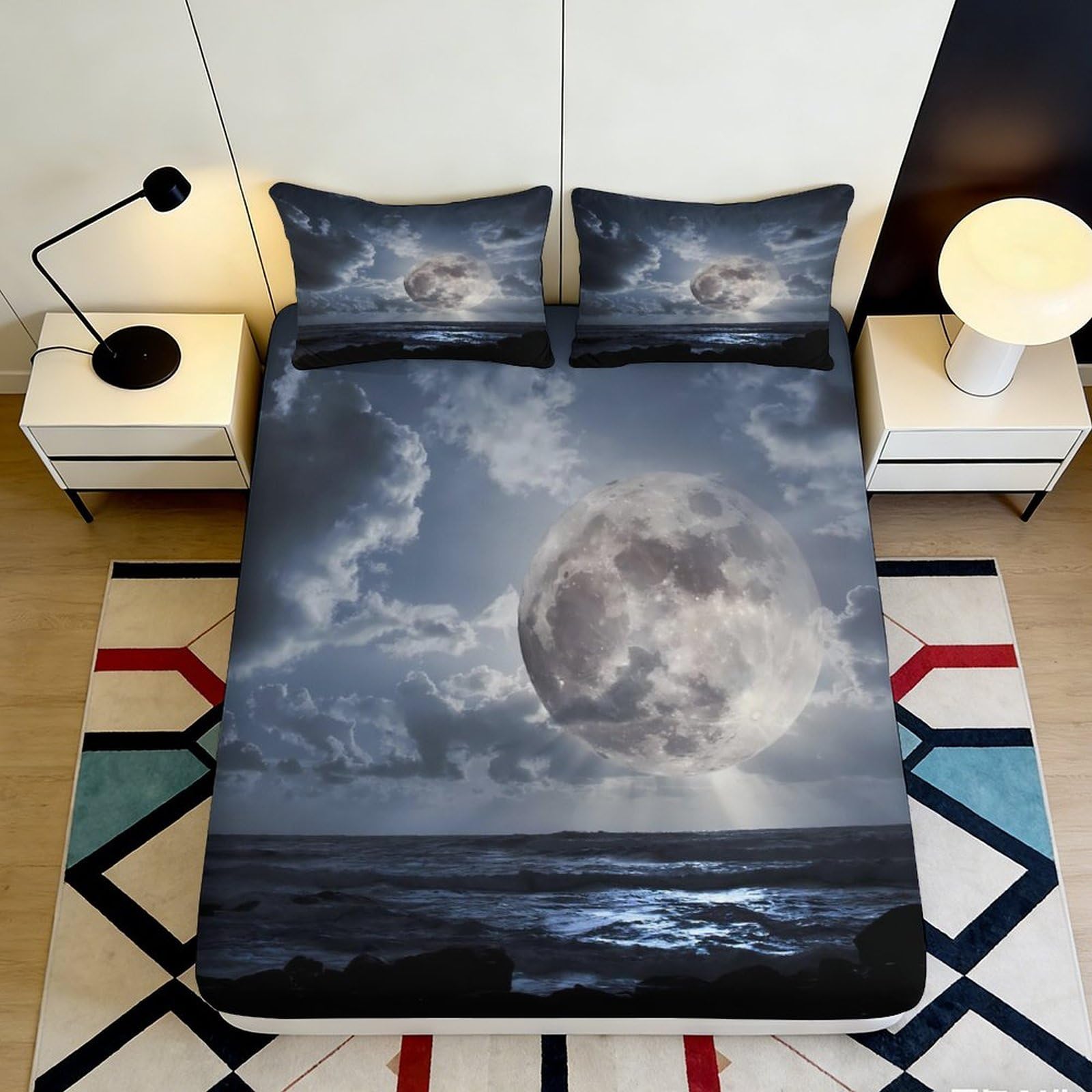 3D Printed Moonlit Ocean Fitted Sheet Microfiber Soft Bed Cover Night Sky Mattress Cover Bedroom Decor 90x200x25cm