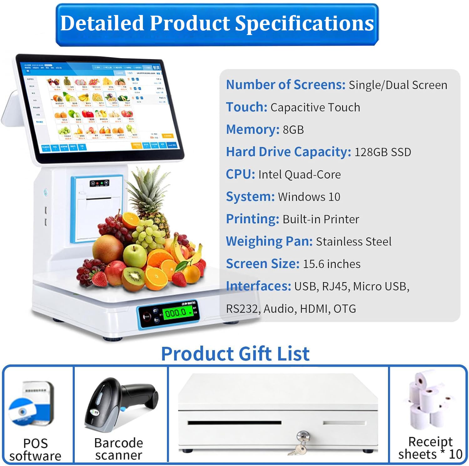 Caja registradora con sis-Tema TPV, Caja registradora Inteligente Todo en uno con IA para pequeñas Empresas, con cajón portamonedas y escáner de código de Barras. Singlescreen