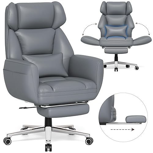 GABRYLLY Criss Cross Chair with Footrest, Big and Tall Office Chair - Wide Seat, Reversible Armrests, 120°Tilt, 400LBS Heavy-Duty Executive Leather Chair for Working, Gaming & Meditation, Grey - Grey