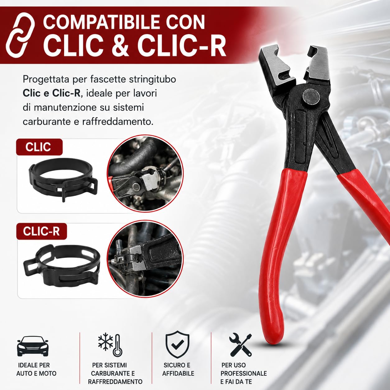 Pinza per Fascette Stringitubo Clic-R, 17 cm – Pinze Angolari Professionali in Acciaio, Impugnatura Antiscivolo, per Riparazioni Auto, Tubi Carburante, Manutenzione Meccanica