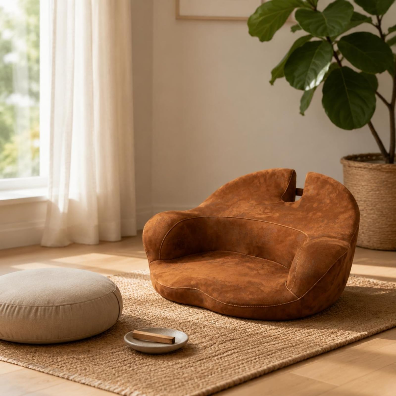 Cojín de Meditación Cojín Asiento Respaldo Almohadilla Piso Material de Ante Suave y Espuma Viscoelástica Forma Ergonómica para Sesiones Prolongadas, Marrón, Grande