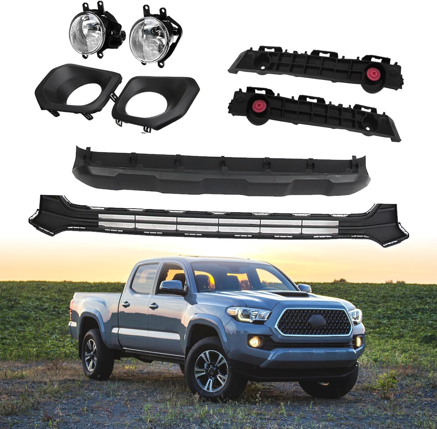 Front Bumper Lower Grille & Valance Panel Skid Plate & Fog Light With Bezels Cover & Bumper Brackets Kit Fit For 2016-2023 Toyota Tacoma Black Replacement