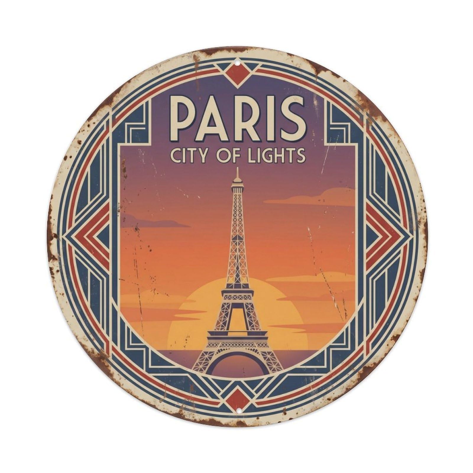 Vintage Travel Eiffel Tower Paris Metal Tin Sign Plaque Wall Decor for Cafe, Club Bar, Office, Home Garden Round Metal Poster 8x8Inch