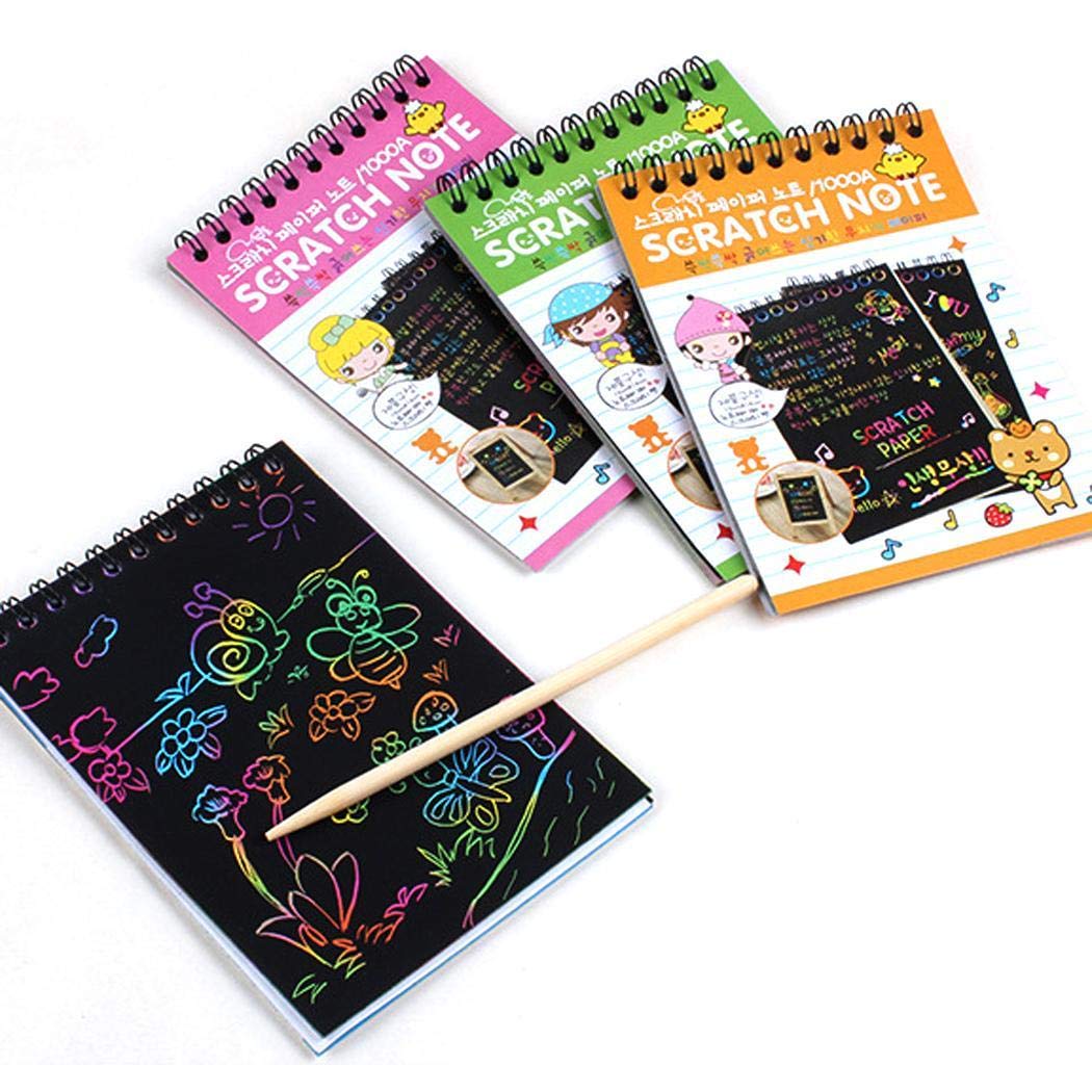 AMIUBO Multicolor Drawing Writing Scratch Paper Notebook with Wooden Stylus, Notebook 1 Pcs Random Color with 1 Wooden Stylus
