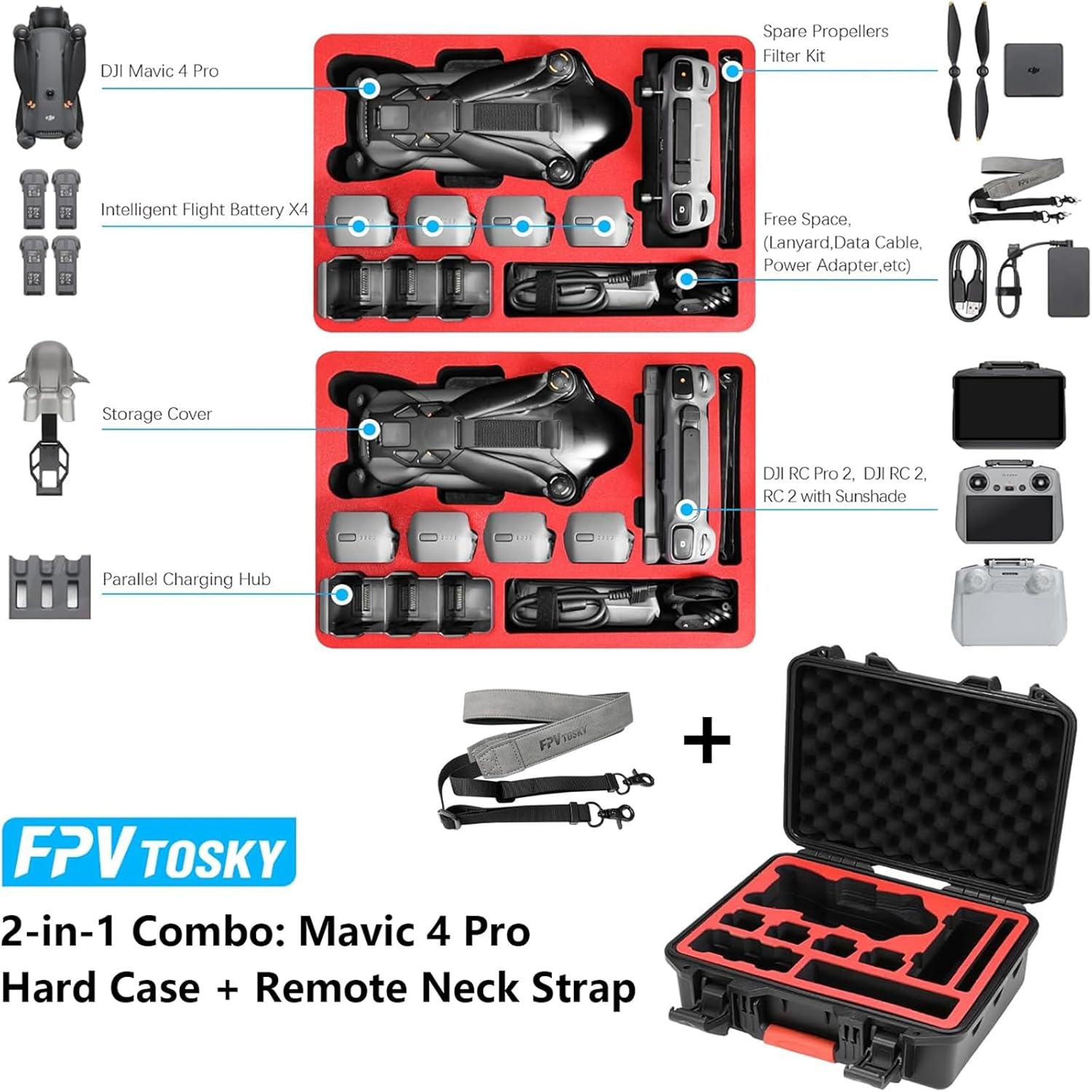 FPVtosky Hard Case with Controller Lanyard for DJI Mavic 4 Pro Creator/Fly More Combo, Fits DJI RC Pro 2/ RC 2/ RC2 with Sunshade, Up to 8 Batteries, Charging Hub, Filters Accessories[ CASE ONLY] - Image 2