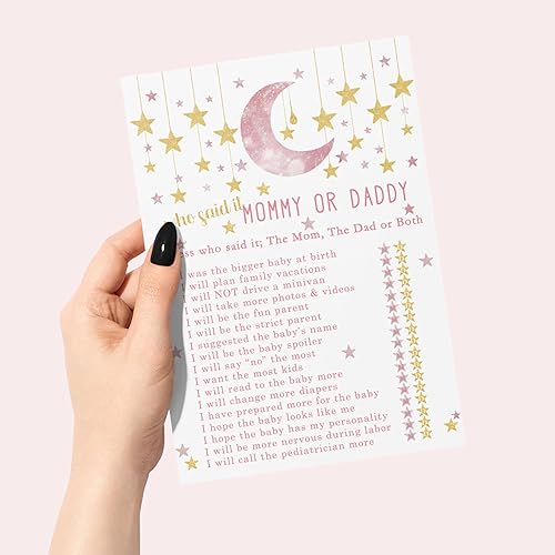 Miniatura 5 de Paper Clever Party Twinkle Little Star - Juego de baby shower para niñas, 25 tarjetas de juego de Adivina quién mamá o papá, divertidas actividades