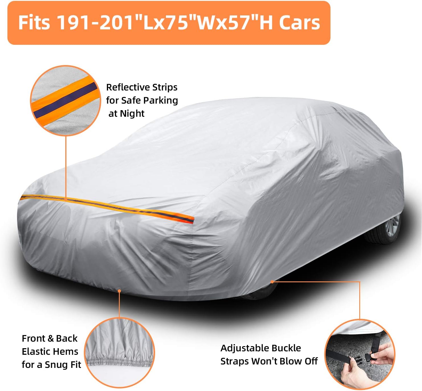 Ohuhu Car Cover for Sedan 191"-201", Upgraded Car Covers Universal Auto Vehicle Cover for Sedan, Windproof, Dustproof, UV Protection, Scratch Resistant