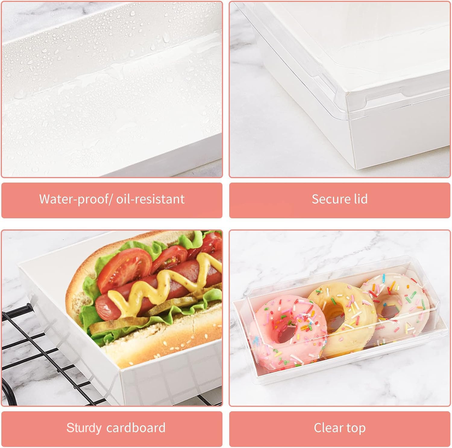 Ocmoiy Scatole per salumi con coperchio trasparente, confezione da 100 scatole bianche da forno, scatole per biscotti, piccole scatole per dolci, panini, cupcake, fragole, dessert da asporto