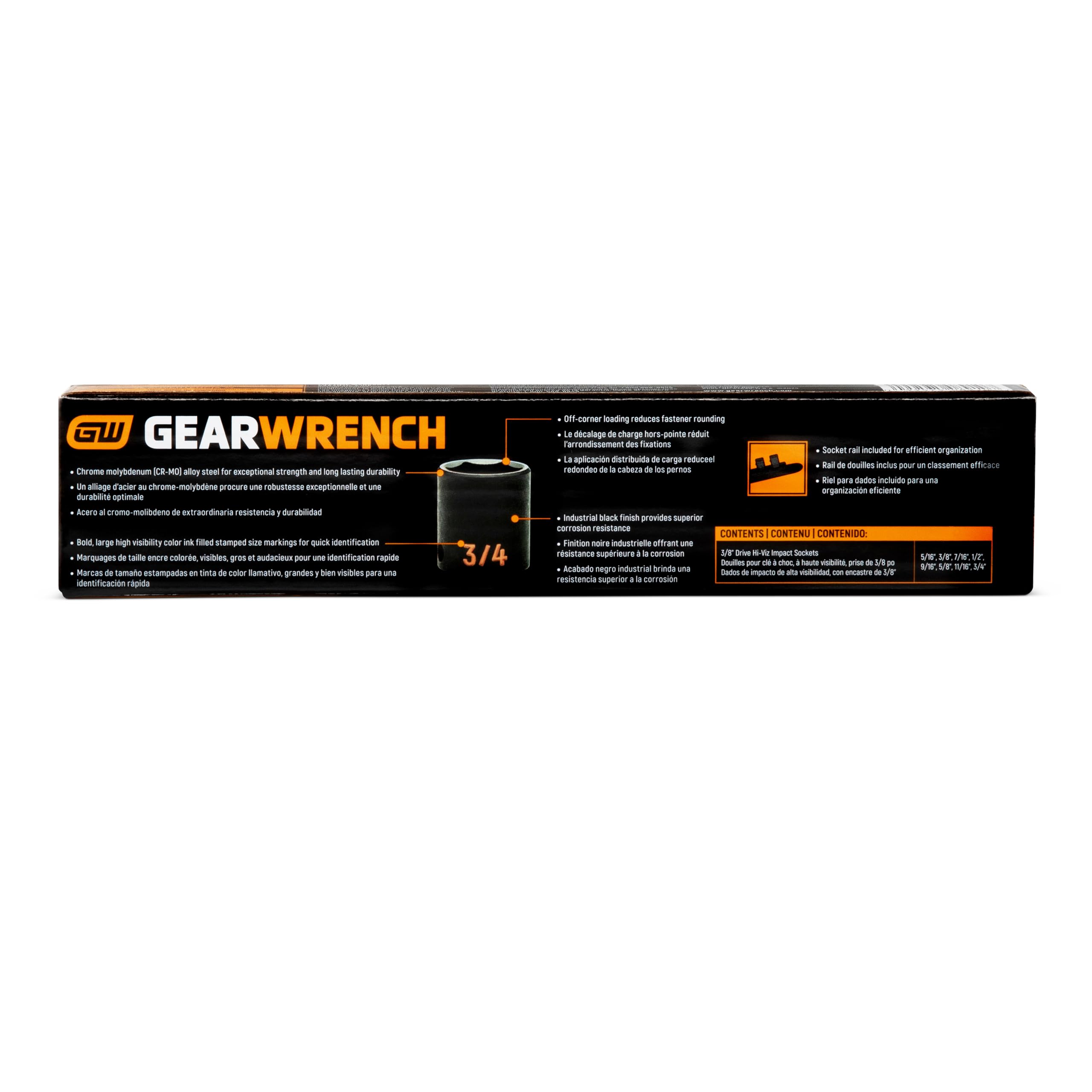 GEARWRENCH 8-częściowy zestaw nasadek udarowych 3/20.3 cm 6-punktowy SAE Hi-Viz | 84910H