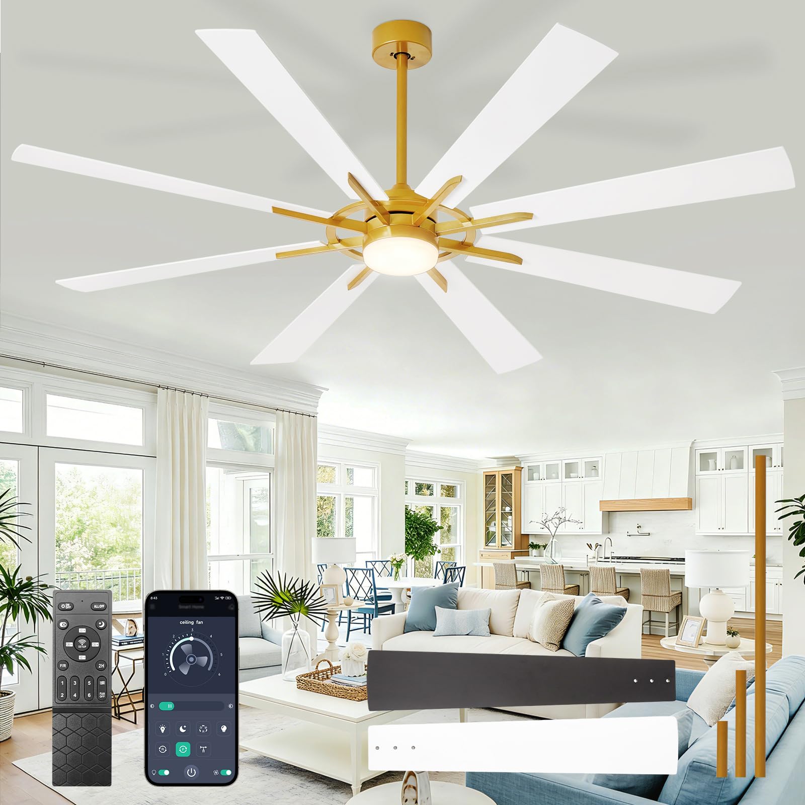 Photo 1 of **HAS MIXED COLORED PIECES (SILVER & GOLD)*** BvenuBigLite Large Ceiling Fans with Lights: Modern 72 Inch 8 Blade Outdoor Ceiling Fan with Remote APP Control - Dimmable White Gold Big Fan Light Indoor Reversible 6 Speed Quiet DC Motor