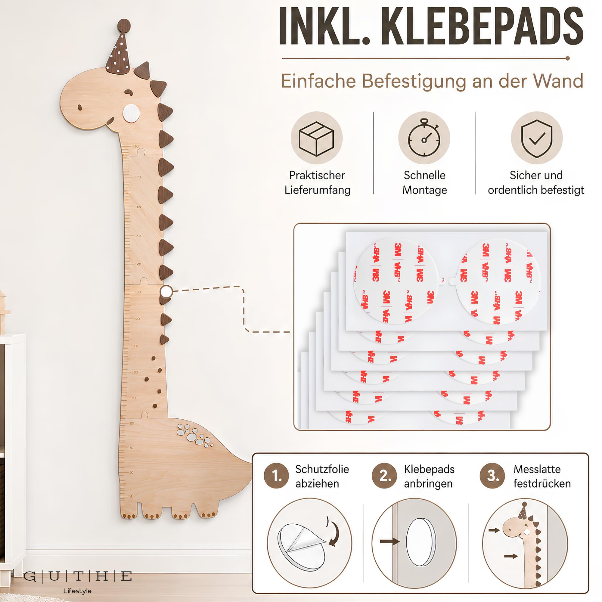Messlatte Kinder Holz Dino – Kindermesslatte für Baby & Kleinkinderzimmer – Messlatte Kinderzimmer Wanddeko Dinosaurier – Kinder Messlatte Holz für Körpergröße & Babyzimmer Deko