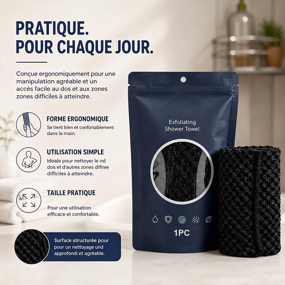 Serviette De Douche Exfoliante Ecovia, Exfoliation Douce, Serviette Exfoliante Douche, Homme Femme, Douce Corps et Visage, Pour Les Voyages Et Les Soins Corporels Quotidiens (Noir+rose+bleu)