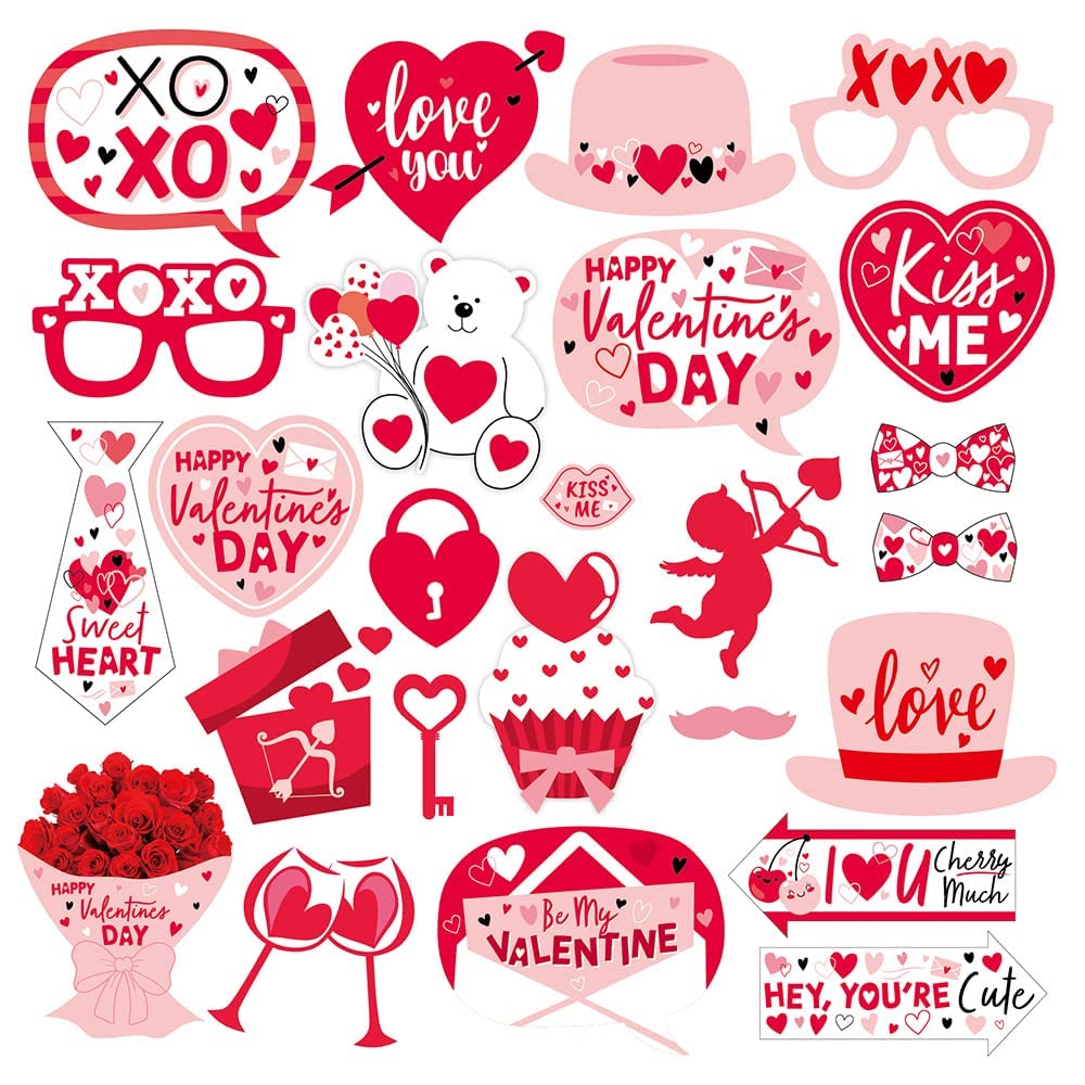 Photo 1 of 25Pcs Valentines Day Photo Props, Red Wedding Photo Booth Props for Photography Makeup Props Party Decorations Photo Tool Wedding Anniversary Engagement Party Supplies