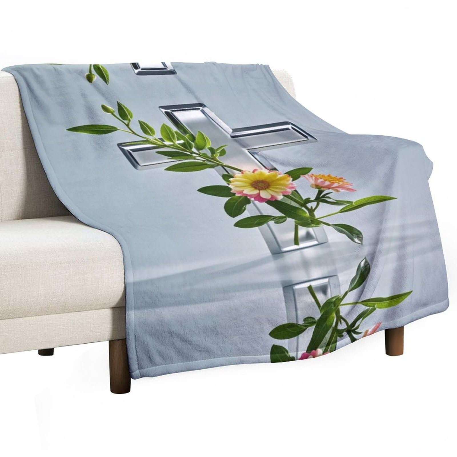 Couverture cadeau super confortable motif spirituel avec fleurs et croix en peluche