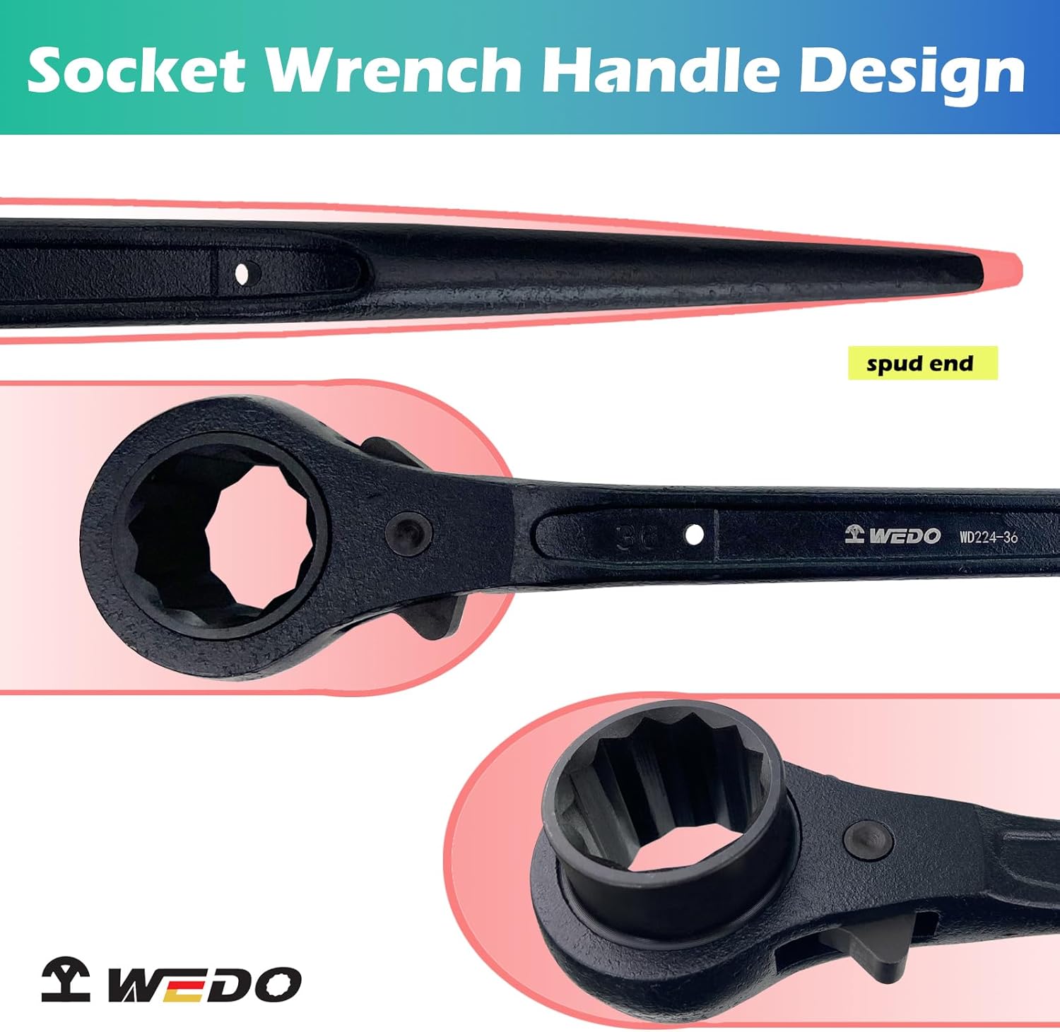 WEDO Scaffold Podger Ratchet Wrench,One Side Socket Wrench,Quick Release Spud Wrench,1 5/8 Inch Socket Spud Ratchet,41mm Metric,Length 455mm Ratchet Spanner,Cr-V