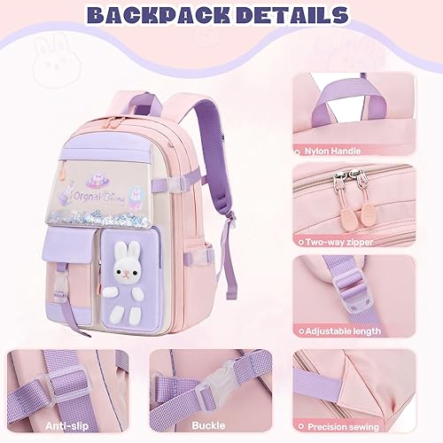 Miniatura 3 de Mochila de conejito para niñas, bonita mochila infantil para escuela primaria, kawaii preescolar al aire libre, 2 unidades, color azul