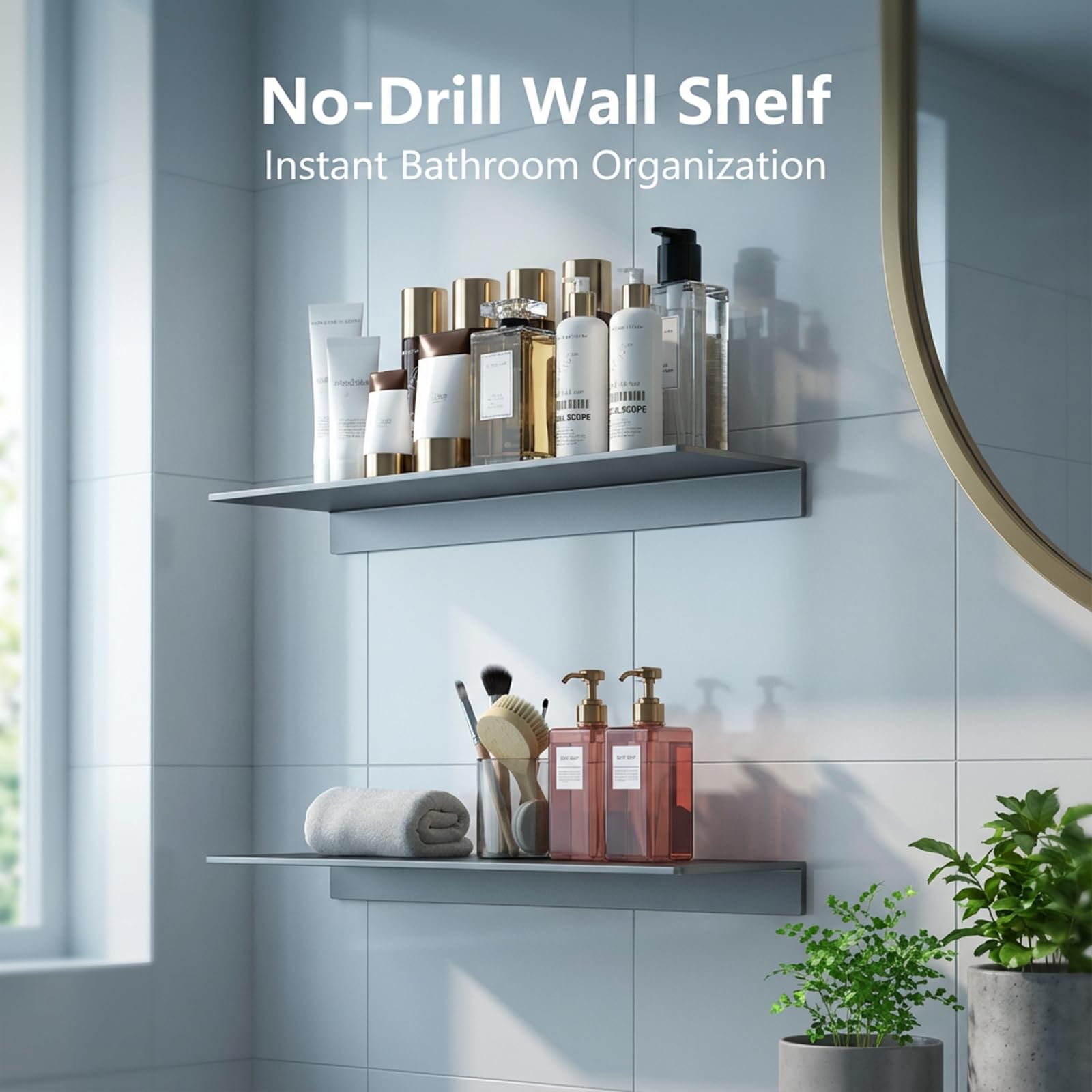 Estantería Ducha 40 cm sin Taladro, Aleación de Aluminio Estantes de Pared con Tornillos de Expansión y Adhesiva, Baldas Flotantes Gris, Repisas de Pared para Baño Salón Dormitorio Cocina