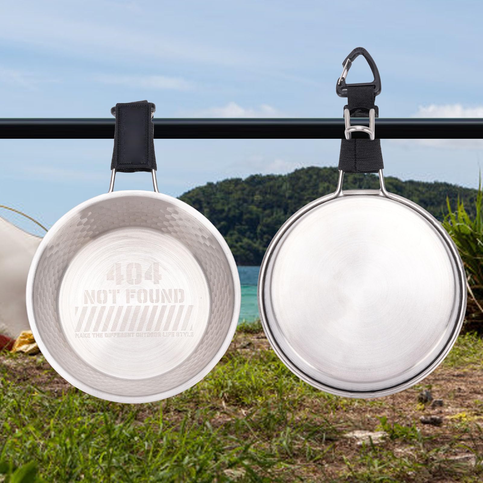 Lightweight Stainless Steel Camping Rice Bowl, Non Stick Coating, Hook Handle, Exquisite Hammered Design, Portable Outdoor Tableware for RV Travel Backpacking, Made from 304