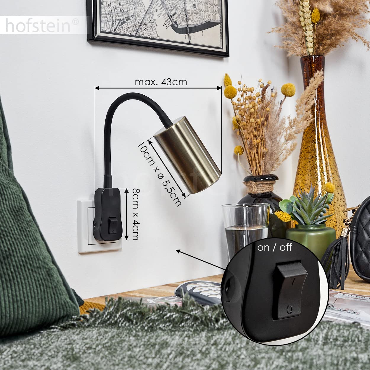 Applique Javel, lampe murale moderne en métal noir/laiton ancien, spot mural à 1 flamme au design moderne, avec bras de lecture réglable et interrupteur marche/arrêt, 1 x GU10, sans ampoules