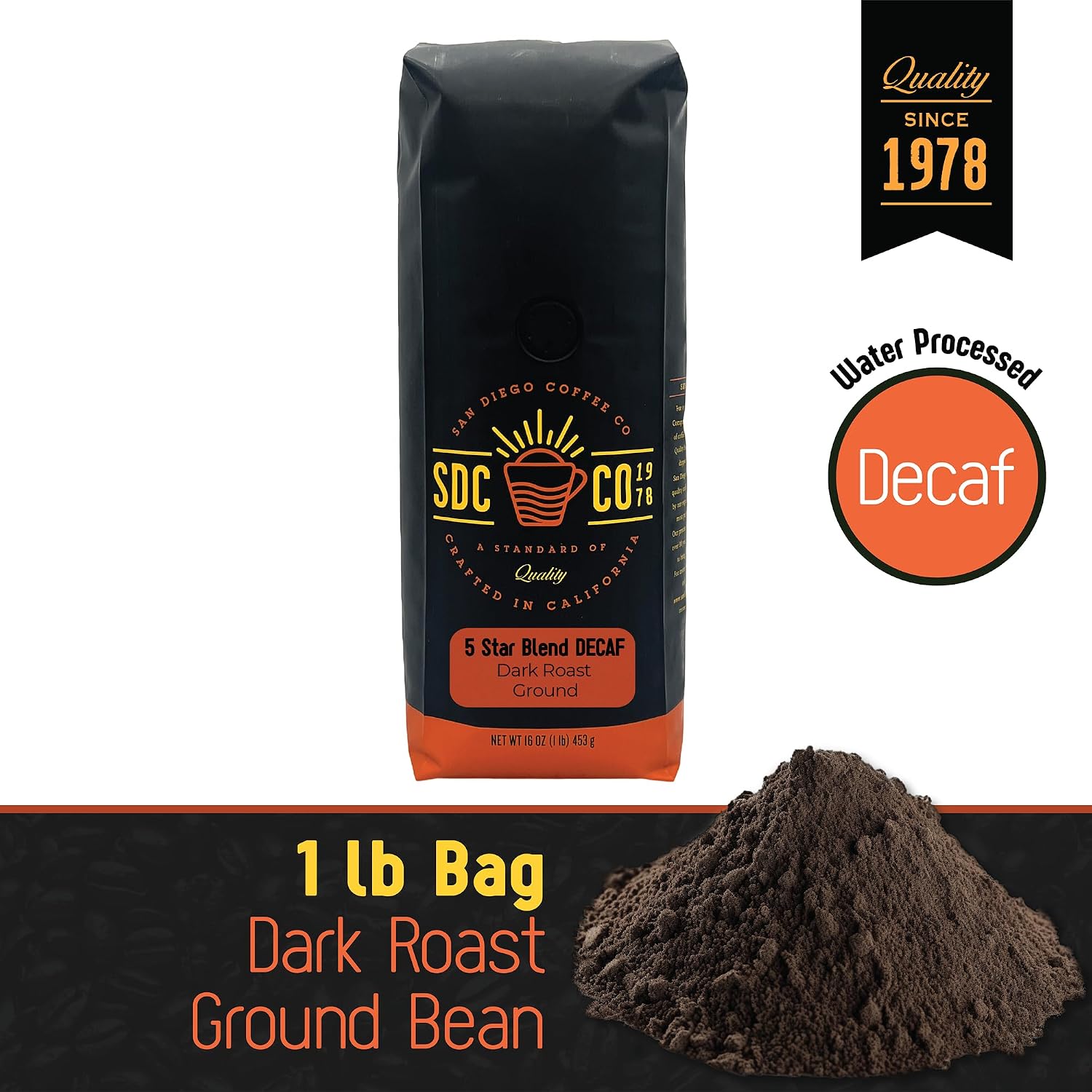 San Diego Coffee 5 Star Blend DECAF, Dark Roast, Ground Coffee, 16-Ounce Bag Café descafeinado molido tostado
